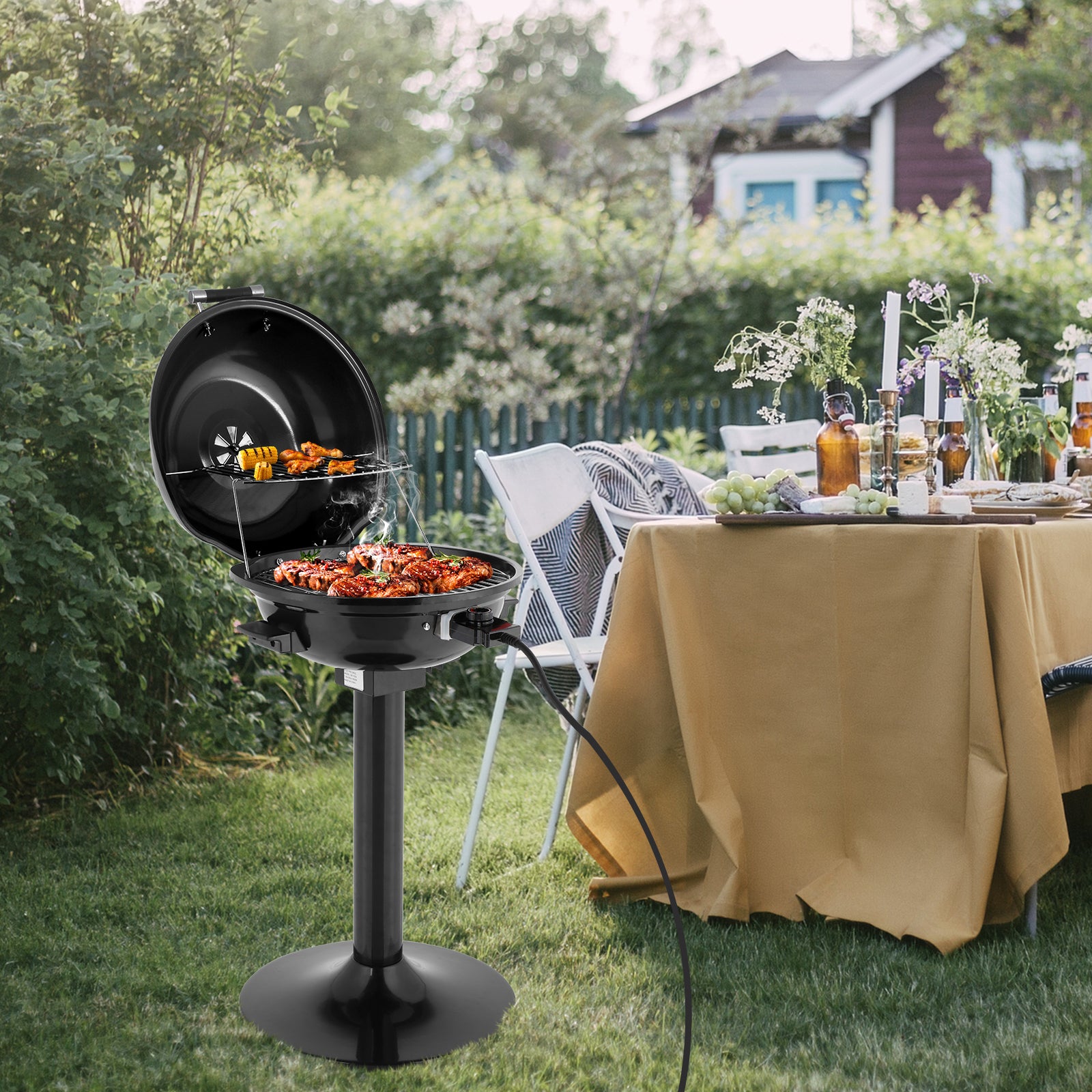 HAOYYE Electric BBQ Grill with Stand Portable 1600W Double Layer Smokeless Grill for Indoor Outdoor Use Nonstick Removable Grill Plate Adjustable Temperature Electric Barbecue Cooker for Patio Balcony Kitchen Garden Easy to Clean Black