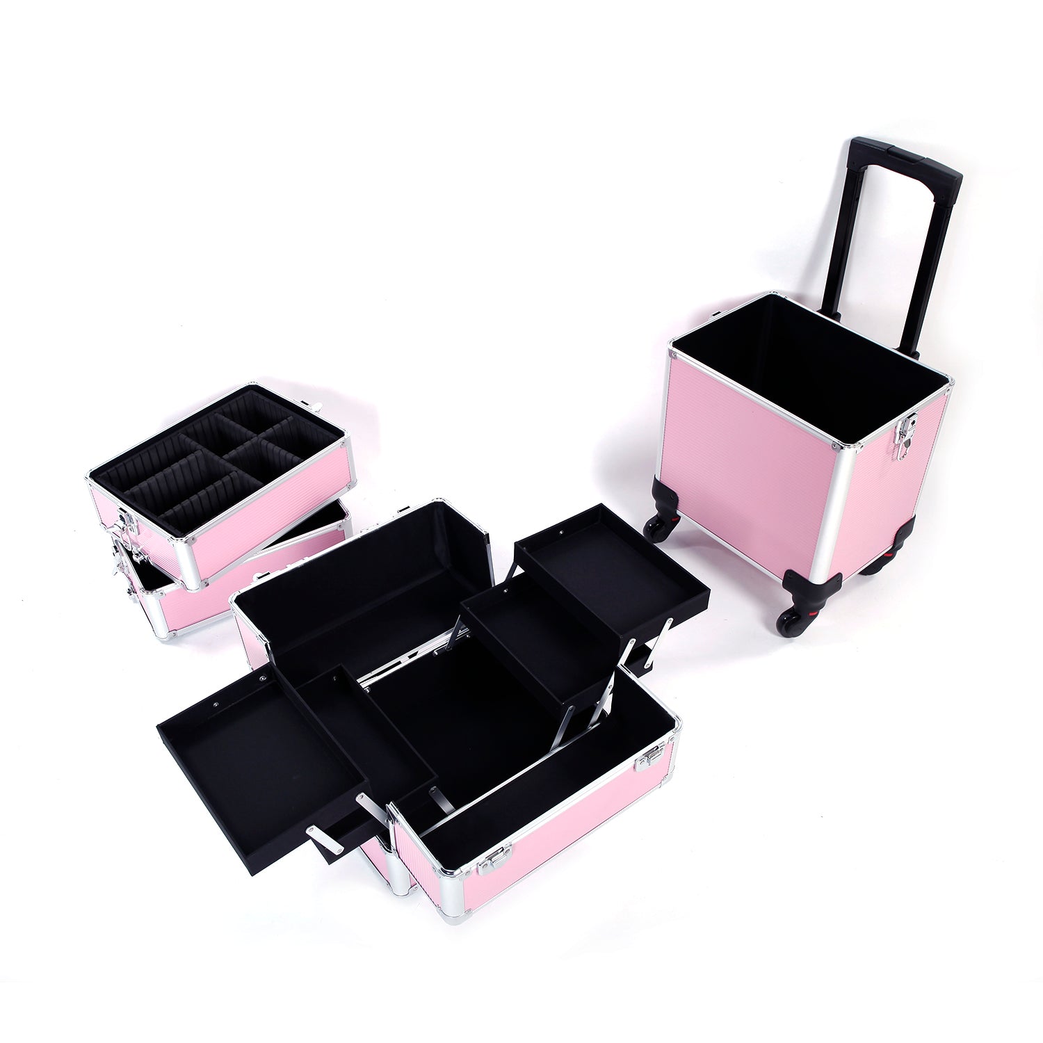 Haoyye 4 in 1 Aluminum Cosmetic Makeup Case, Durable and Portable Pink Beauty Storage Box for Brushes, Tools, and Accessories, Stylish Professional Organizer for Makeup Artists, Hairstylists, and Beauty Enthusiasts