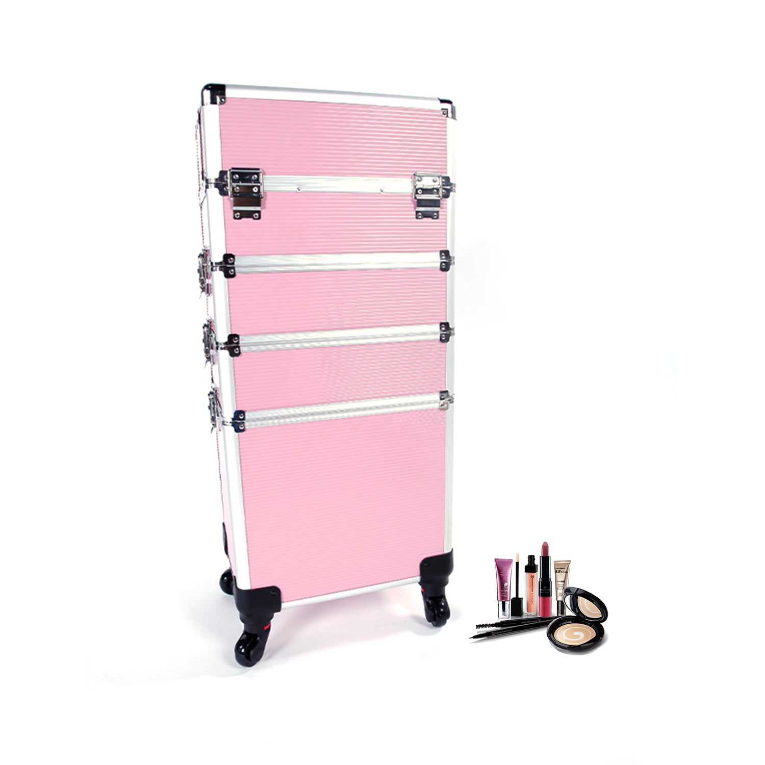 Haoyye 4 in 1 Aluminum Cosmetic Makeup Case, Durable and Portable Pink Beauty Storage Box for Brushes, Tools, and Accessories, Stylish Professional Organizer for Makeup Artists, Hairstylists, and Beauty Enthusiasts