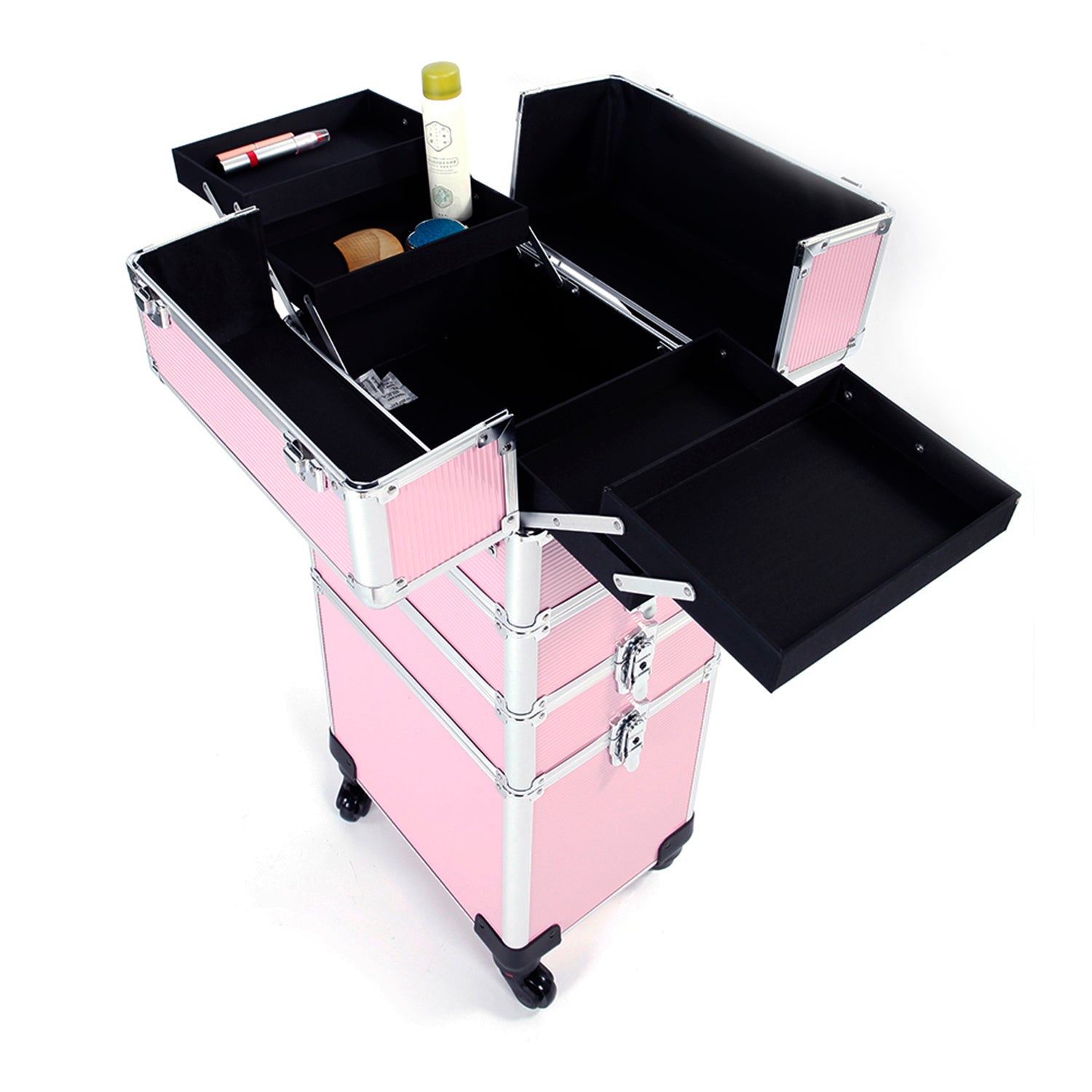 Haoyye 4 in 1 Aluminum Cosmetic Makeup Case, Durable and Portable Pink Beauty Storage Box for Brushes, Tools, and Accessories, Stylish Professional Organizer for Makeup Artists, Hairstylists, and Beauty Enthusiasts