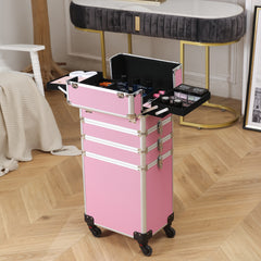 Haoyye 4 in 1 Aluminum Cosmetic Makeup Case, Durable and Portable Pink Beauty Storage Box for Brushes, Tools, and Accessories, Stylish Professional Organizer for Makeup Artists, Hairstylists, and Beauty Enthusiasts
