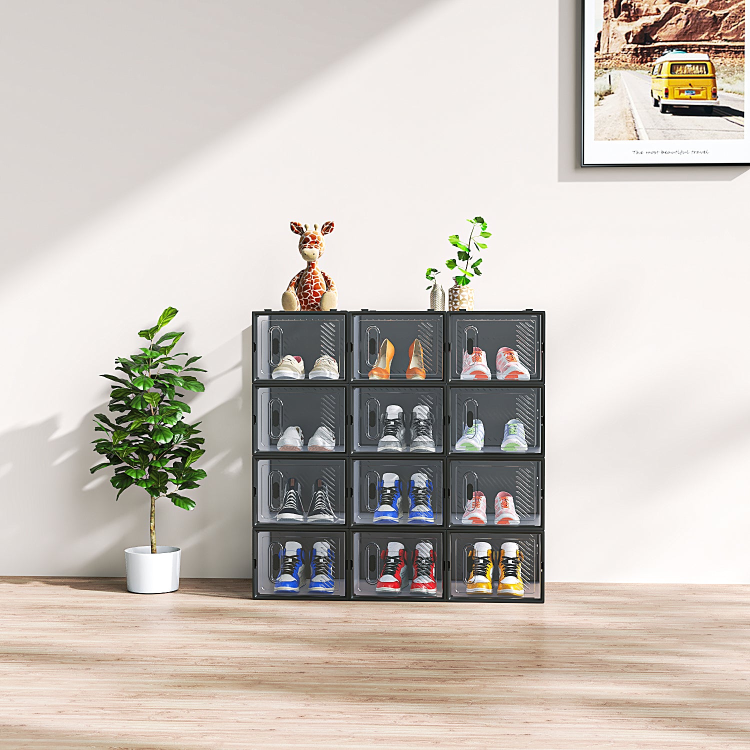 HAOYYE 12-Piece Large Black Shoe Box Set With Plastic Mesh Design, Stackable And Freely Combinable Storage Boxes For Shoes And Accessories, Durable And Breathable Organizer For Home, Closet, Dorm, And Office Use