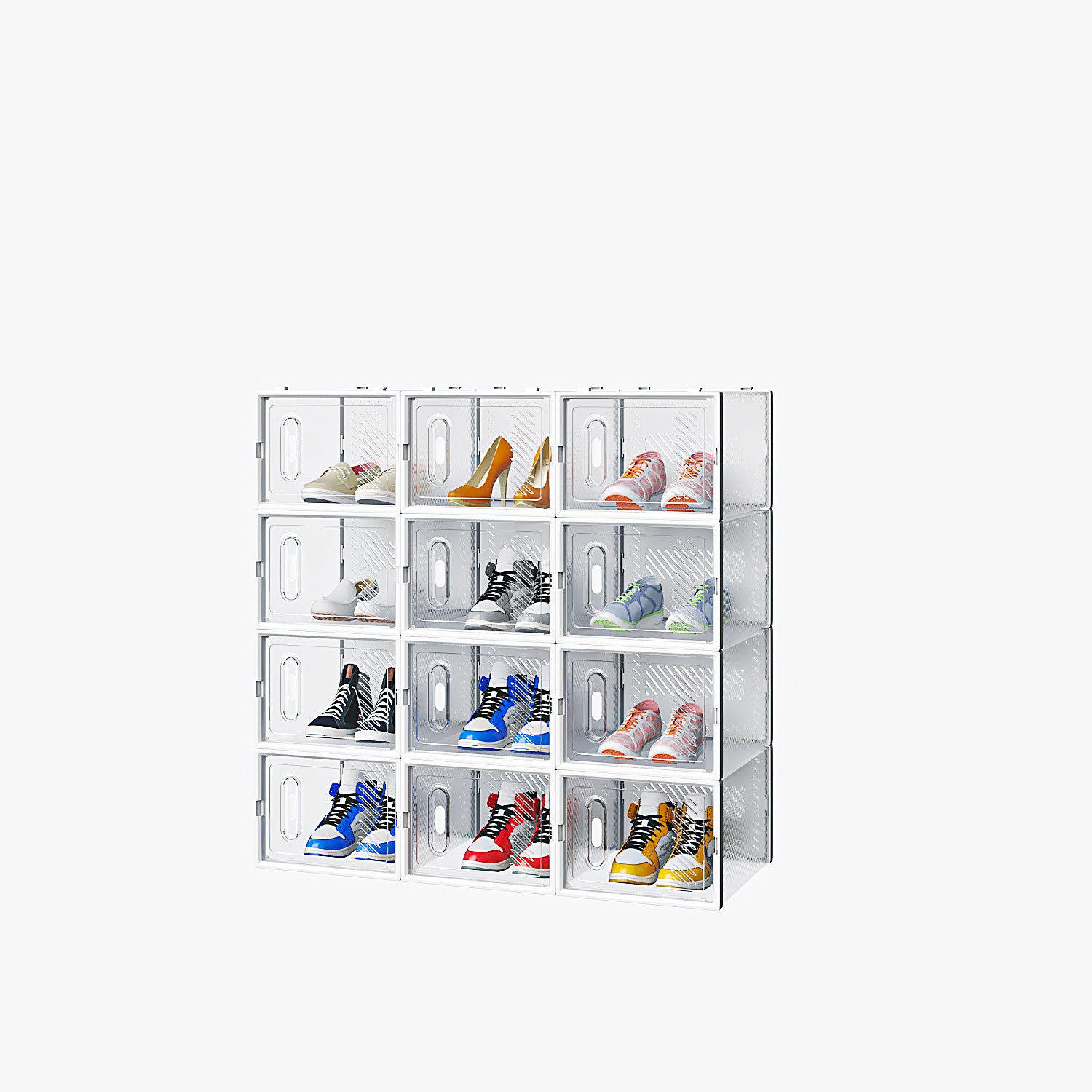 HAOYYE White Large Stackable Shoe Storage Boxes Set of 12 Plastic Mesh Freely Combinable Shoe Organizer Containers for Closet Entryway Bedroom Office Foldable Space Saving Design for Sneakers Flats Boots Transparent Front Easy Access
