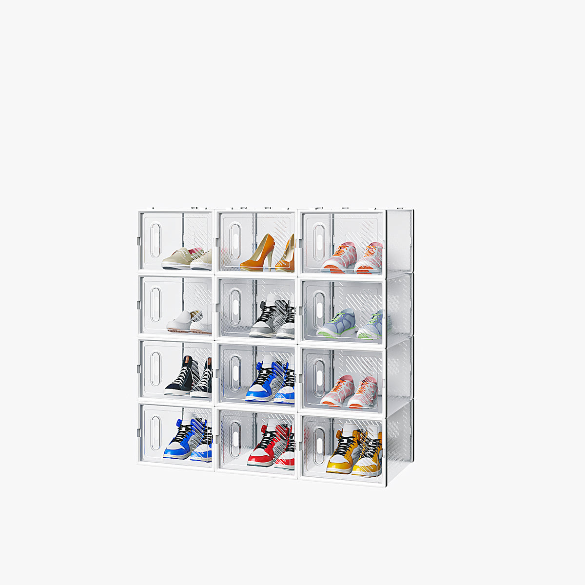 HAOYYE White Large Stackable Shoe Storage Boxes Set of 12 Plastic Mesh Freely Combinable Shoe Organizer Containers for Closet Entryway Bedroom Office Foldable Space Saving Design for Sneakers Flats Boots Transparent Front Easy Access