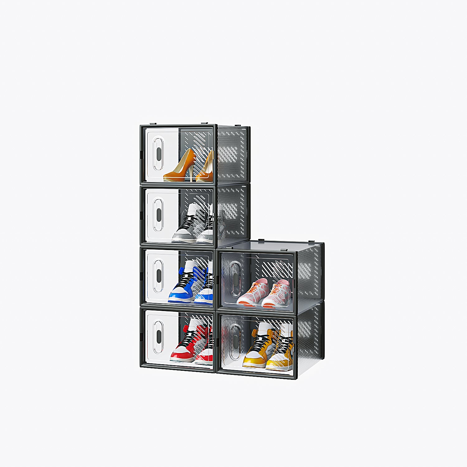 HAOYYE 6 Pack Black Plastic Mesh Shoe Storage Boxes with Lids Stackable Breathable Large Capacity Organizer for Closet Entryway Garage Freely Combinable Modular Design for Sneakers and Accessories
