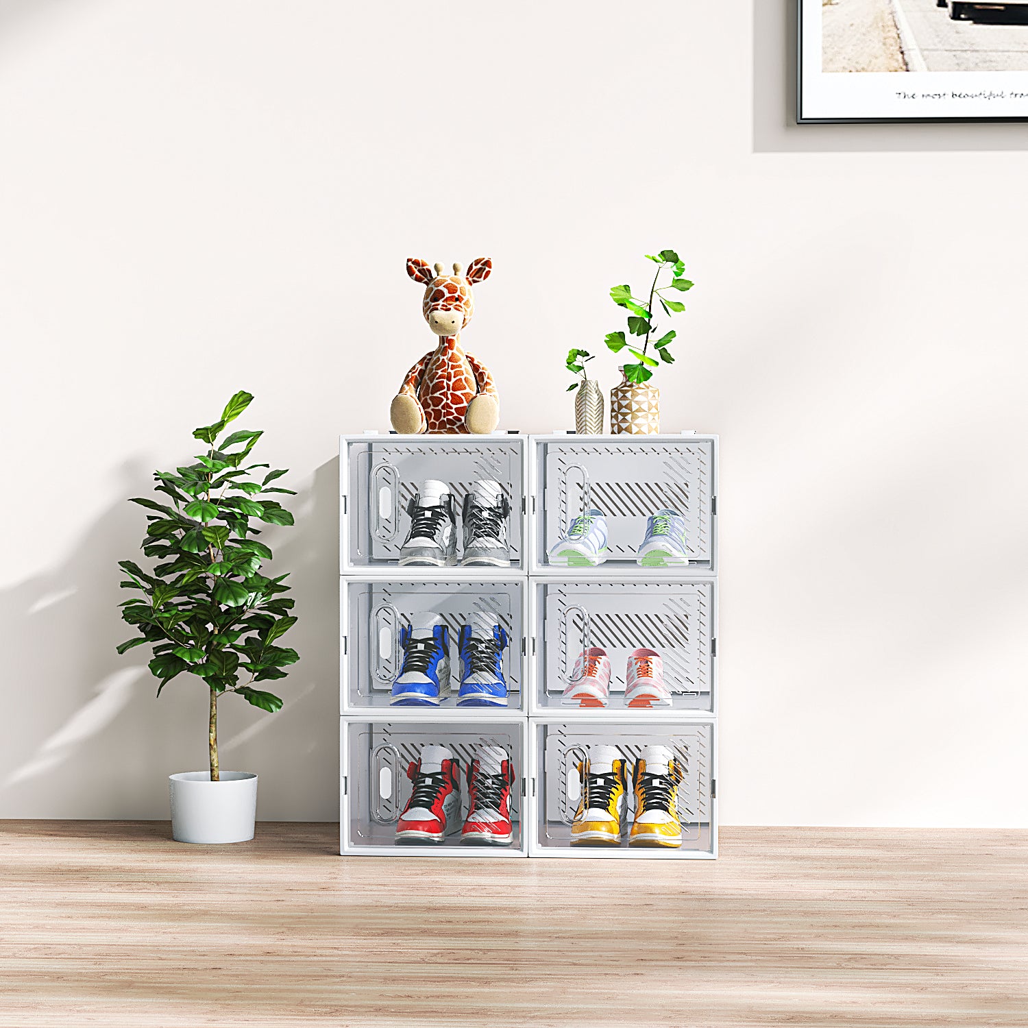 HAOYYE 6 Pack Black Plastic Mesh Shoe Storage Boxes with Lids Stackable Breathable Large Capacity Organizer for Closet Entryway Garage Freely Combinable Modular Design for Sneakers and Accessories