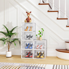 HAOYYE 6 Pack Black Plastic Mesh Shoe Storage Boxes with Lids Stackable Breathable Large Capacity Organizer for Closet Entryway Garage Freely Combinable Modular Design for Sneakers and Accessories