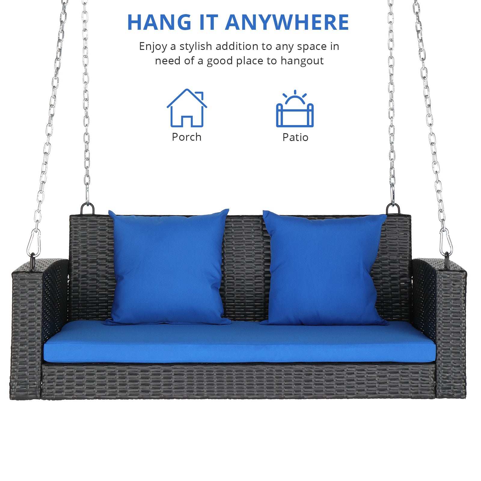 HAOYYE Rattan Swing Chair Outdoor Hanging Bench with Cushion and Pillows PE Wicker Patio Loveseat without Frame Heavy Duty Design with Chains and Locks for Porch Garden Balcony Relaxation