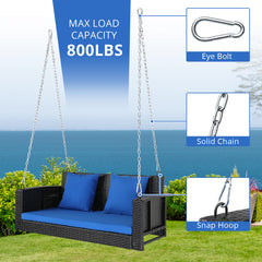 HAOYYE Rattan Swing Chair Outdoor Hanging Bench with Cushion and Pillows PE Wicker Patio Loveseat without Frame Heavy Duty Design with Chains and Locks for Porch Garden Balcony Relaxation