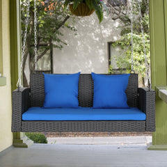 HAOYYE Rattan Swing Chair Outdoor Hanging Bench with Cushion and Pillows PE Wicker Patio Loveseat without Frame Heavy Duty Design with Chains and Locks for Porch Garden Balcony Relaxation