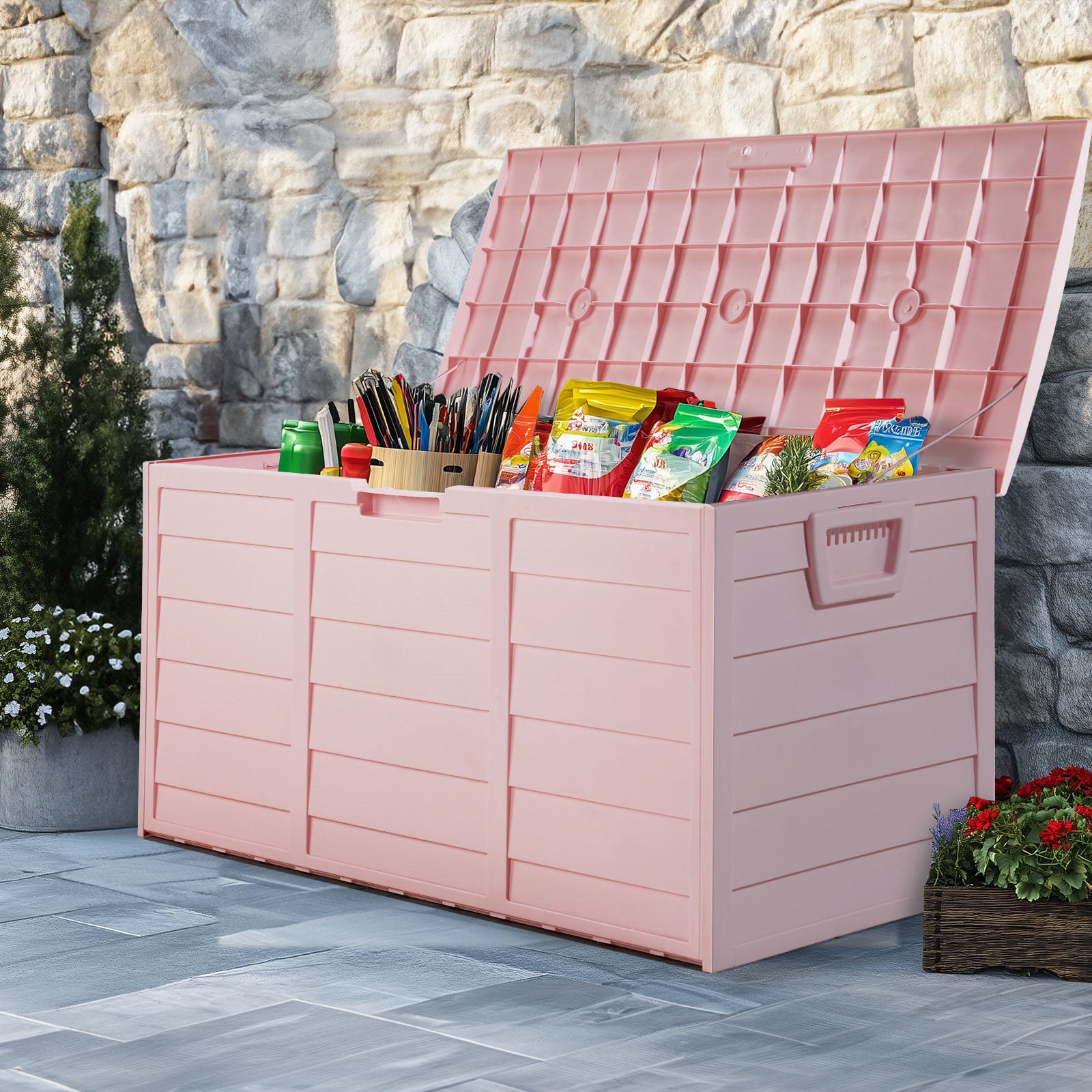 HAOYYE 280L Outdoor Garden Storage Deck Box with Wheels Lockable Resin Organizer for Patio Tools Cushions Toys Waterproof Chest with Handles for Yard Garage Porch