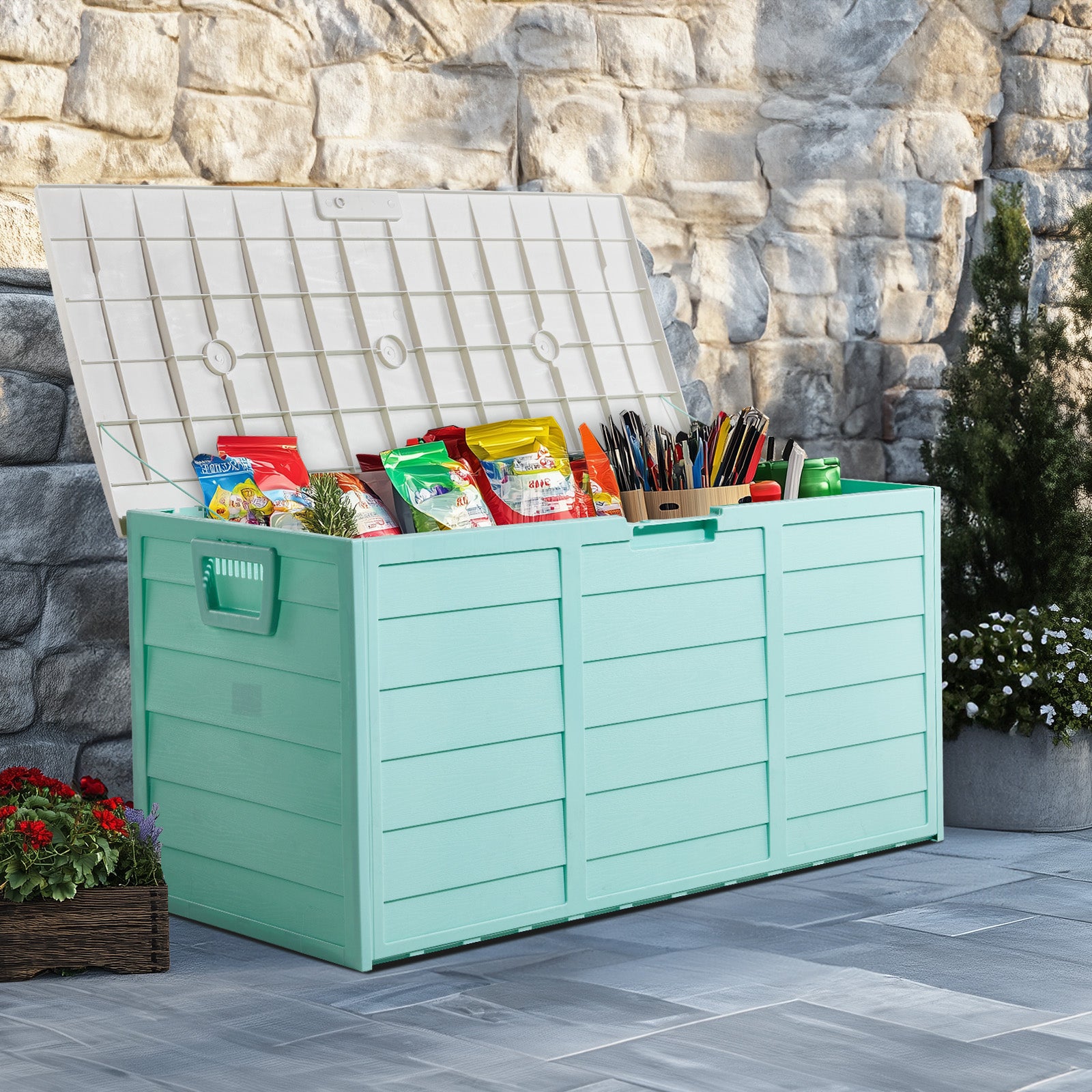 HAOYYE 280L Outdoor Garden Storage Deck Box with Wheels Lockable Resin Chest for Patio Tools Cushions Toys Waterproof Organizer for Yard Garage Porch
