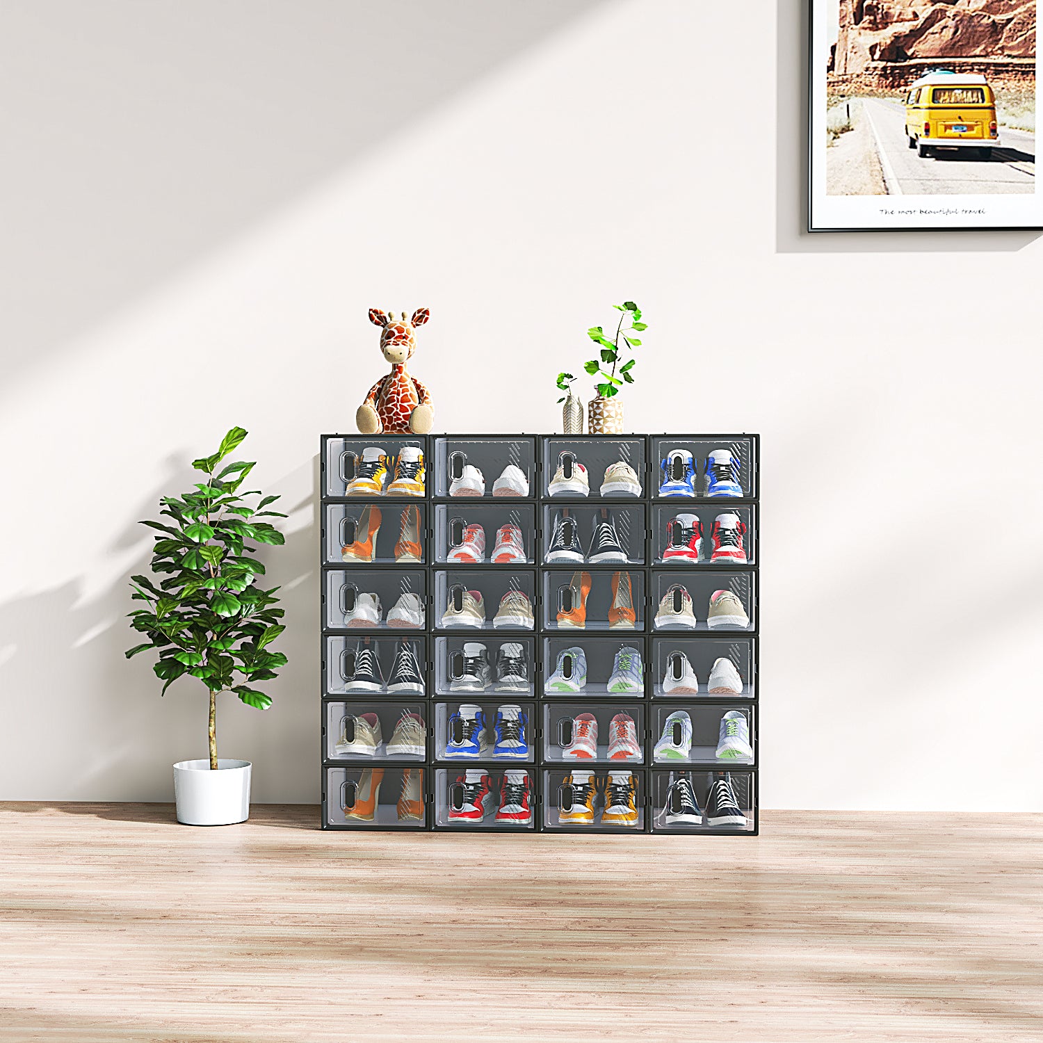 HAOYYE Black Small Shoe Storage Box Set 24 Pieces Plastic Mesh Stackable Design Organizer for Shoes Closet Home Storage Solution Durable and Space-Saving Easy to Clean and Stack