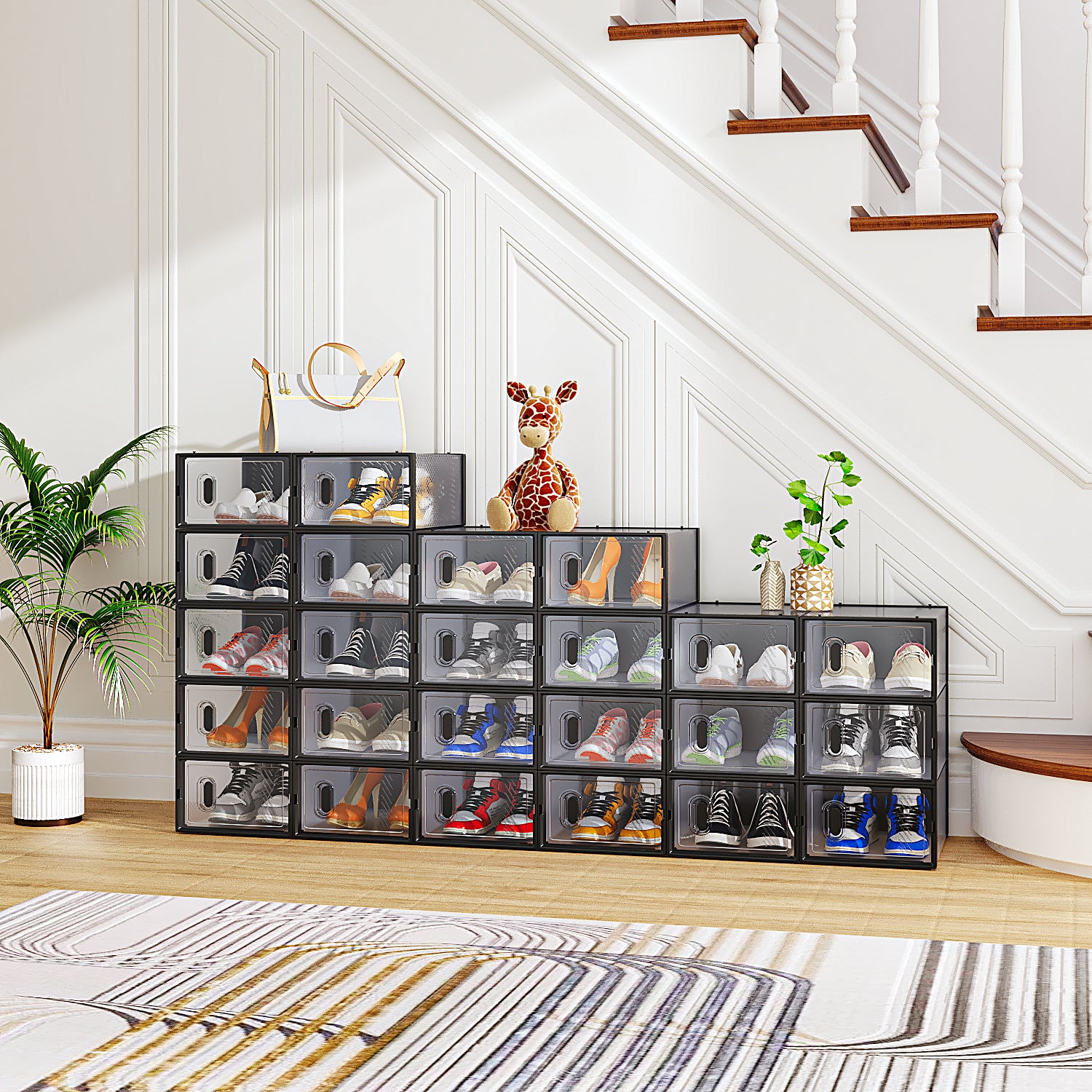 HAOYYE Black Small Shoe Storage Box Set 24 Pieces Plastic Mesh Stackable Design Organizer for Shoes Closet Home Storage Solution Durable and Space-Saving Easy to Clean and Stack