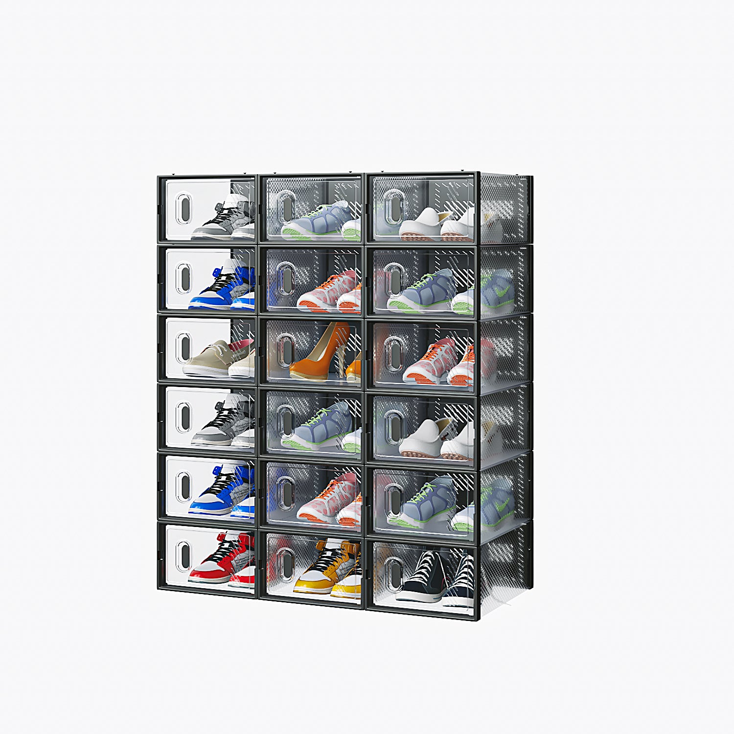 HAOYYE Black 18-Piece Shoe Storage Box Set With Plastic Mesh Design, Stackable and Space-Saving Organizers for Shoes, Accessories, and More, Durable and Breathable Storage Solution for Home, Dorm, or Closet