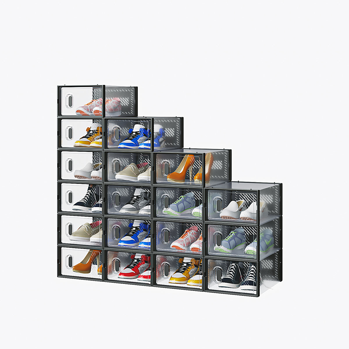 HAOYYE Black 18-Piece Shoe Storage Box Set With Plastic Mesh Design, Stackable and Space-Saving Organizers for Shoes, Accessories, and More, Durable and Breathable Storage Solution for Home, Dorm, or Closet