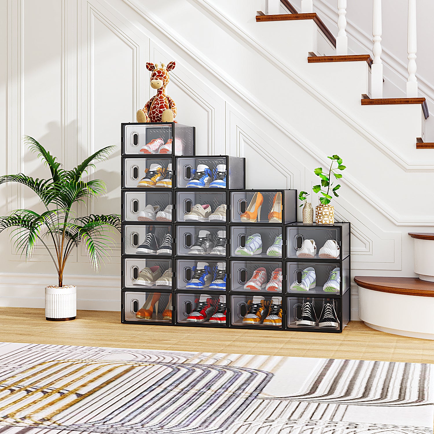 HAOYYE Black 18-Piece Shoe Storage Box Set With Plastic Mesh Design, Stackable and Space-Saving Organizers for Shoes, Accessories, and More, Durable and Breathable Storage Solution for Home, Dorm, or Closet