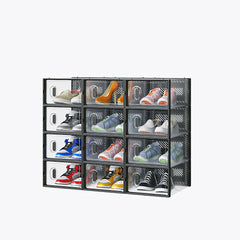 HAOYYE 12-Piece Black Plastic Shoe Storage Box Set with Mesh Panels, Stackable Modular Organizer for Closet Entryway Under Bed, Breathable Clear Visibility Storage for Shoes and Accessories