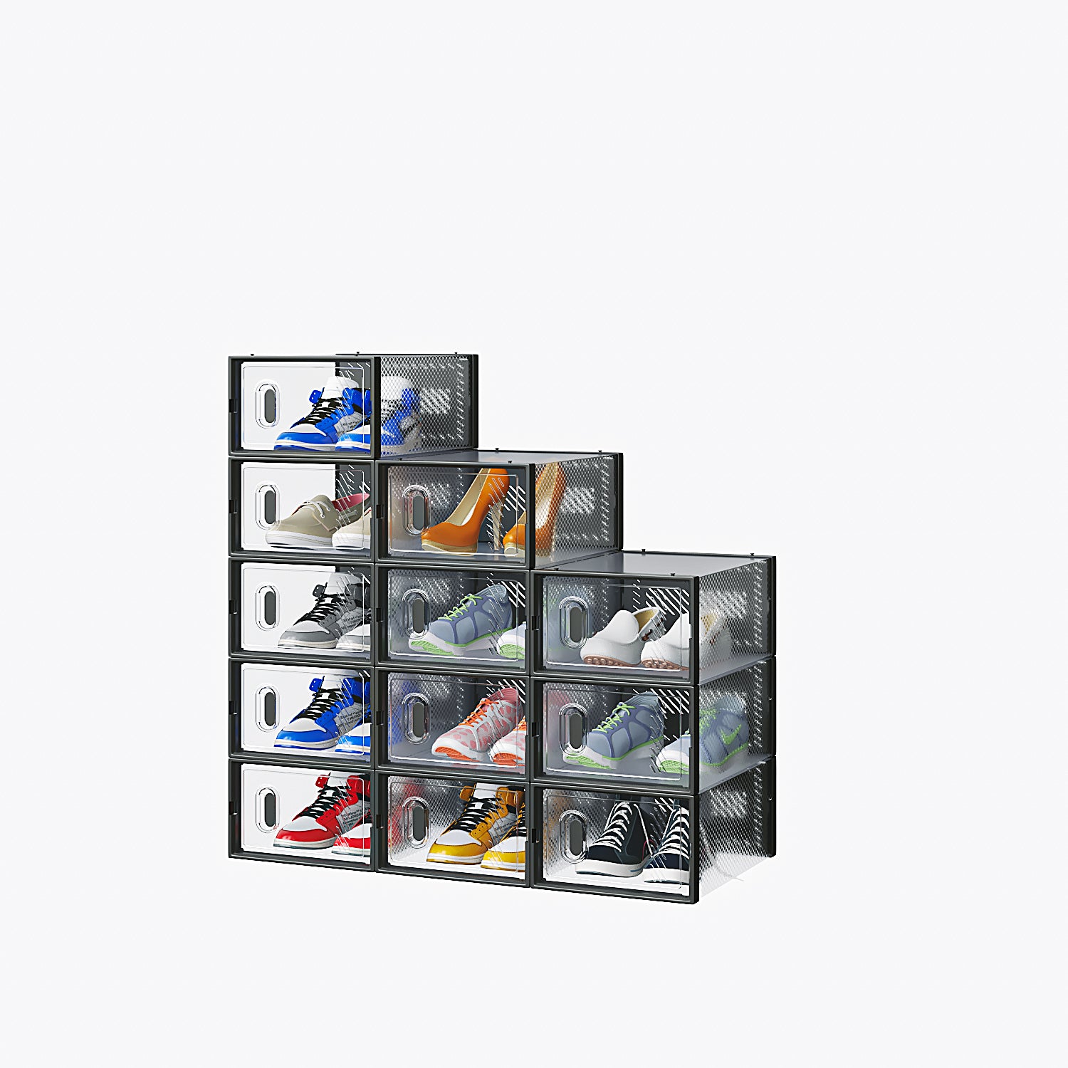 HAOYYE 12-Piece Black Plastic Shoe Storage Box Set with Mesh Panels, Stackable Modular Organizer for Closet Entryway Under Bed, Breathable Clear Visibility Storage for Shoes and Accessories