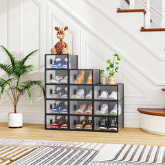 HAOYYE 12-Piece Black Plastic Shoe Storage Box Set with Mesh Panels, Stackable Modular Organizer for Closet Entryway Under Bed, Breathable Clear Visibility Storage for Shoes and Accessories