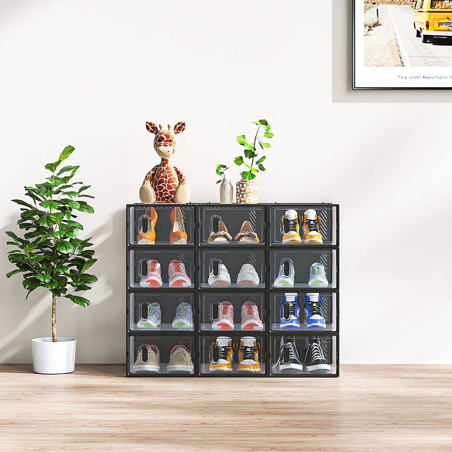 HAOYYE 12-Piece Black Plastic Shoe Storage Box Set with Mesh Panels, Stackable Modular Organizer for Closet Entryway Under Bed, Breathable Clear Visibility Storage for Shoes and Accessories