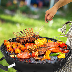 HAOYYE Portable Charcoal Grill with Wheels and Storage Shelf, Porcelain-Enamel Lid, Built-in Thermometer and Ash Catcher, Kettle BBQ Grill for Outdoor Backyard Camping Party Picnic Cooking