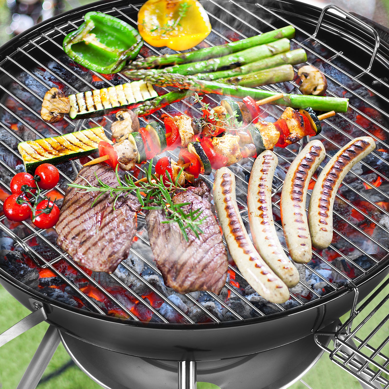 HAOYYE Portable Charcoal Grill with Wheels and Storage Shelf, Porcelain-Enamel Lid, Built-in Thermometer and Ash Catcher, Kettle BBQ Grill for Outdoor Backyard Camping Party Picnic Cooking