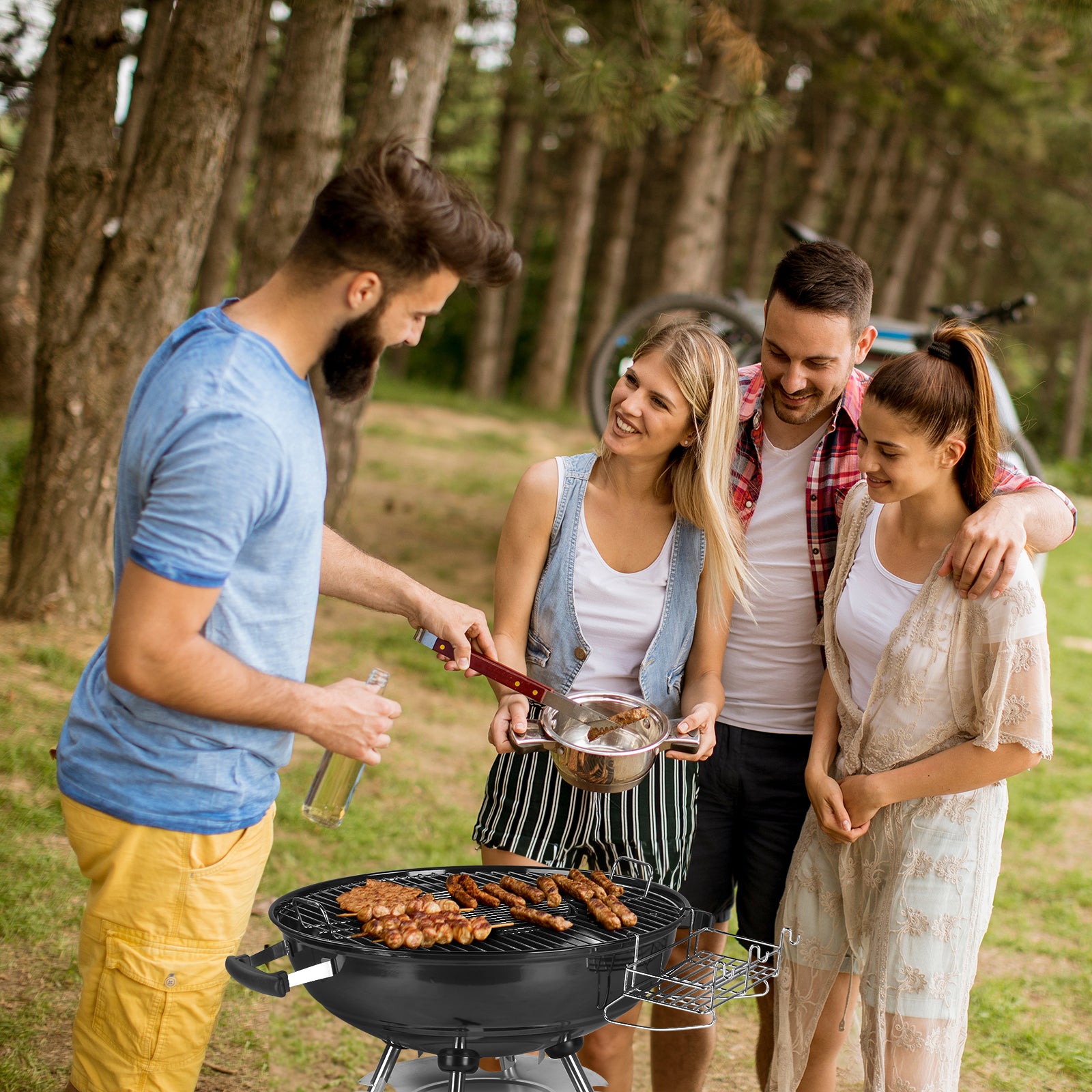 HAOYYE Portable Charcoal Grill with Wheels and Storage Shelf, Porcelain-Enamel Lid, Built-in Thermometer and Ash Catcher, Kettle BBQ Grill for Outdoor Backyard Camping Party Picnic Cooking