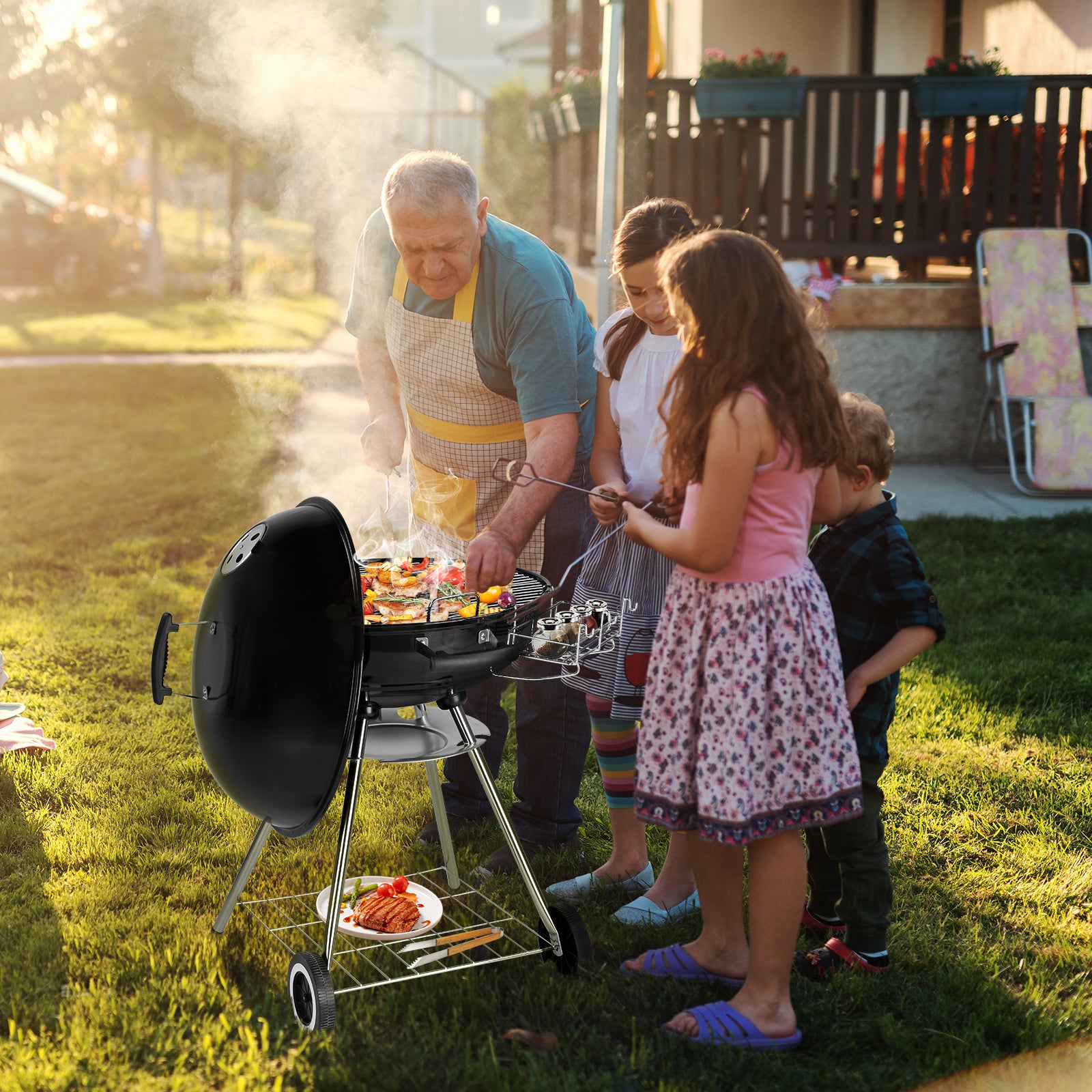 HAOYYE Portable Charcoal Grill with Wheels and Storage Shelf, Porcelain-Enamel Lid, Built-in Thermometer and Ash Catcher, Kettle BBQ Grill for Outdoor Backyard Camping Party Picnic Cooking