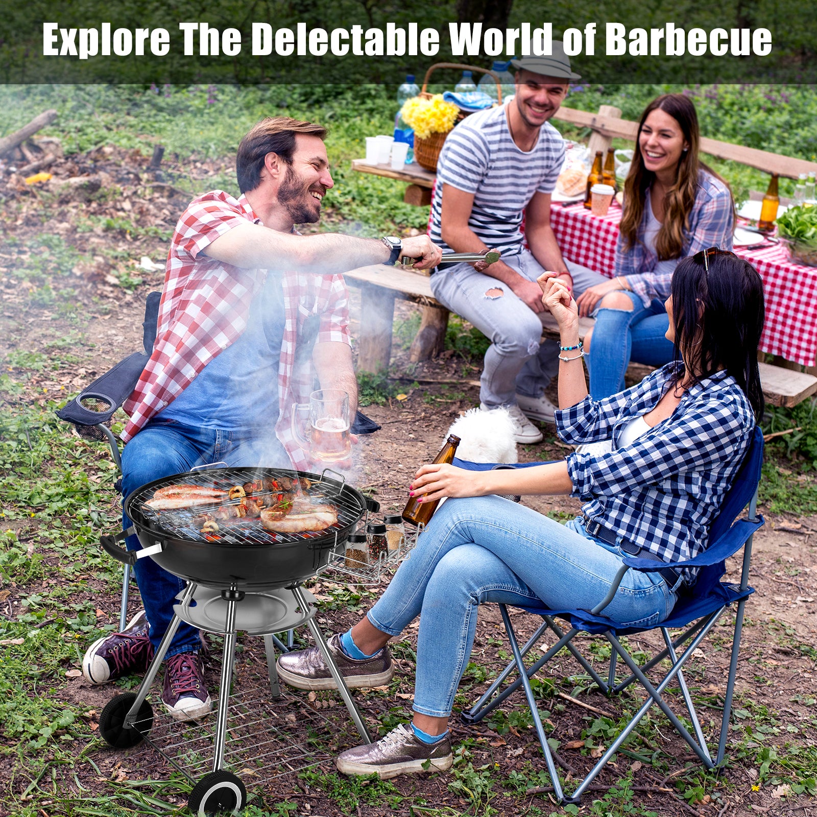 HAOYYE Portable Charcoal Grill with Wheels and Storage Shelf, Porcelain-Enamel Lid, Built-in Thermometer and Ash Catcher, Kettle BBQ Grill for Outdoor Backyard Camping Party Picnic Cooking