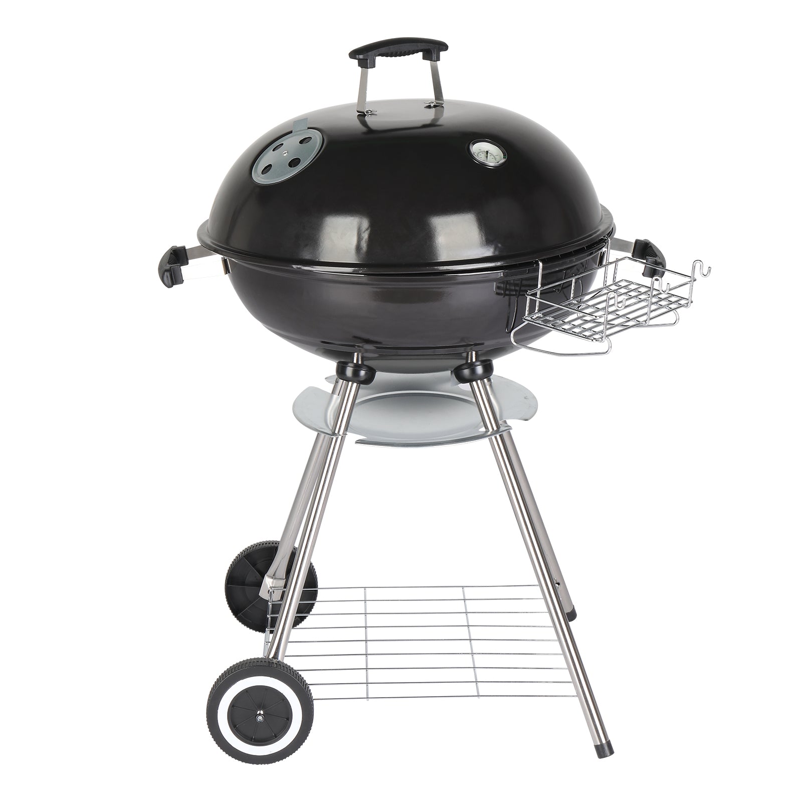 HAOYYE Portable Charcoal Grill with Wheels and Storage Shelf, Porcelain-Enamel Lid, Built-in Thermometer and Ash Catcher, Kettle BBQ Grill for Outdoor Backyard Camping Party Picnic Cooking
