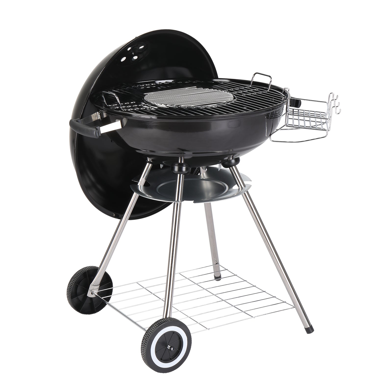 HAOYYE Portable Charcoal Grill with Wheels and Storage Shelf, Porcelain-Enamel Lid, Built-in Thermometer and Ash Catcher, Kettle BBQ Grill for Outdoor Backyard Camping Party Picnic Cooking