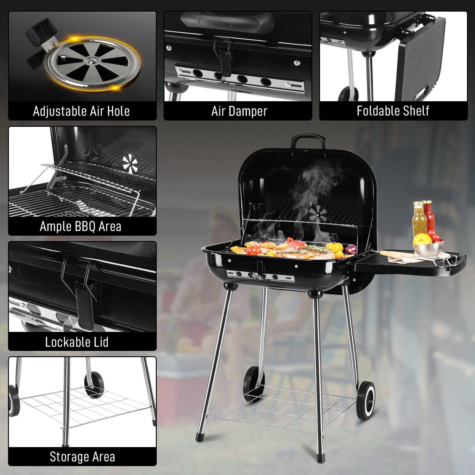 HAOYYE Portable Charcoal Grill with Wheels 28 Inch BBQ Smoker for Outdoor Cooking Adjustable Vents and Foldable Side Shelf Large Charcoal Barbecue Grill for Backyard Patio Camping Tailgate Picnic Party Durable Steel Grill with Lid Thermometer