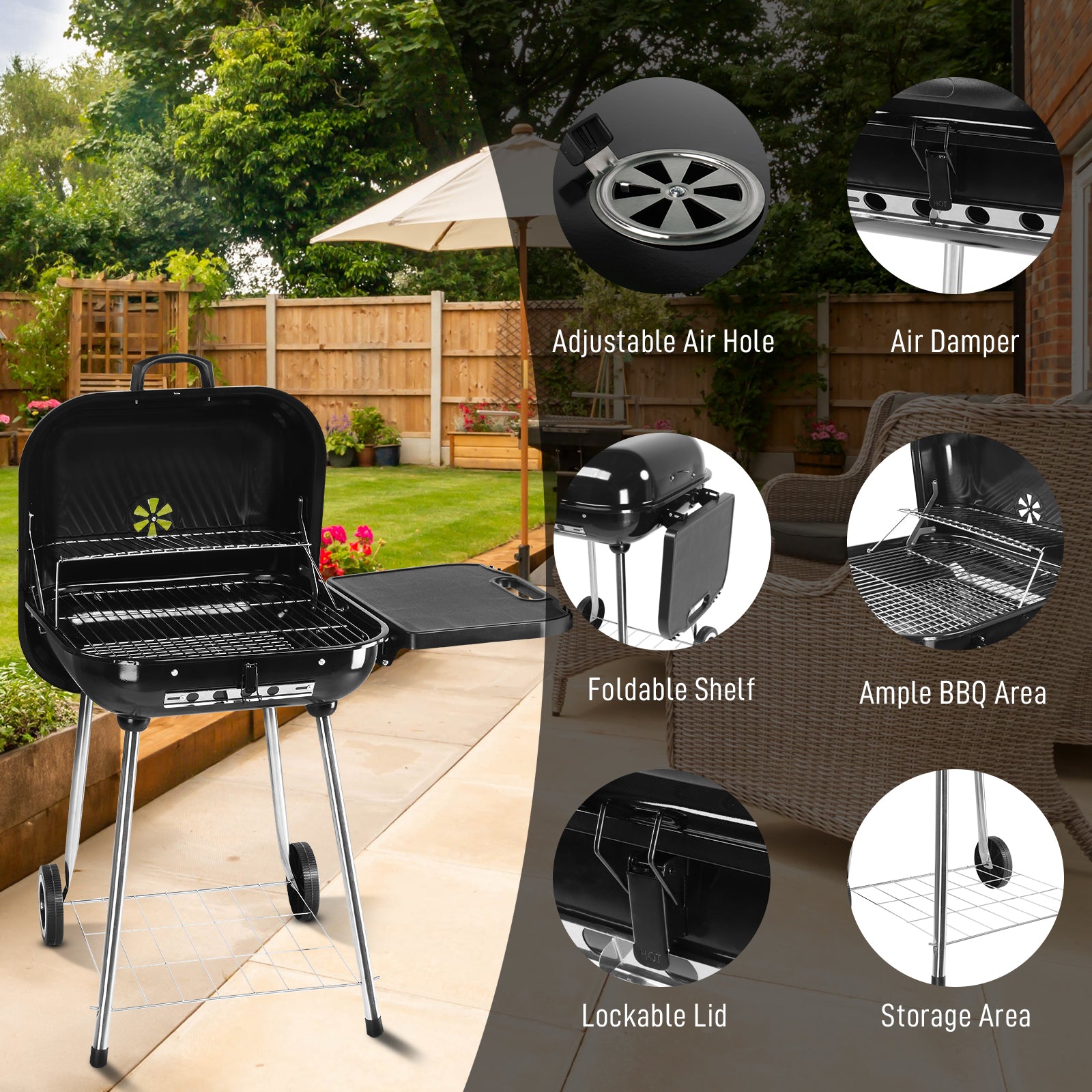 HAOYYE Portable Charcoal Grill with Wheels 28 Inch BBQ Smoker for Outdoor Cooking Adjustable Vents and Foldable Side Shelf Large Charcoal Barbecue Grill for Backyard Patio Camping Tailgate Picnic Party Durable Steel Grill with Lid Thermometer
