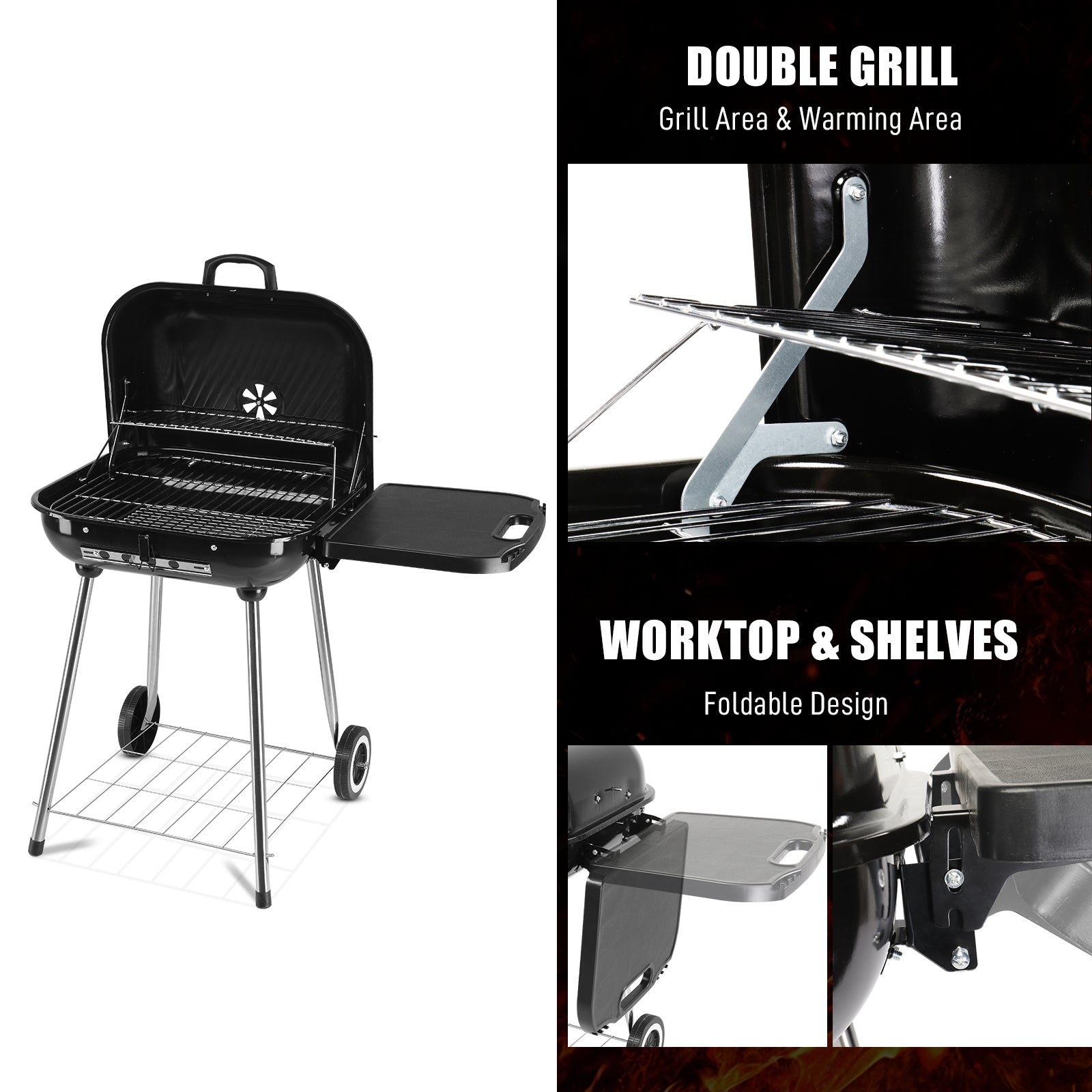 HAOYYE Portable Charcoal Grill with Wheels 28 Inch BBQ Smoker for Outdoor Cooking Adjustable Vents and Foldable Side Shelf Large Charcoal Barbecue Grill for Backyard Patio Camping Tailgate Picnic Party Durable Steel Grill with Lid Thermometer