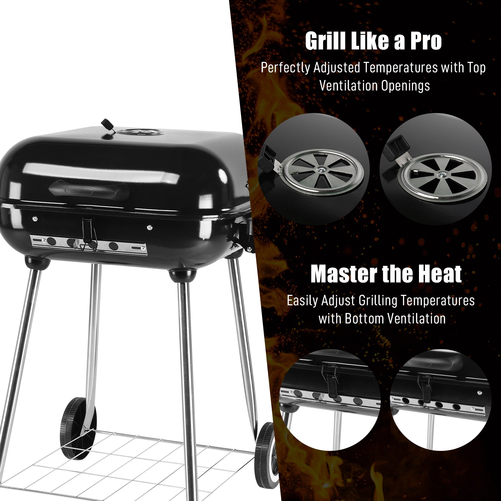 HAOYYE Portable Charcoal Grill with Wheels 28 Inch BBQ Smoker for Outdoor Cooking Adjustable Vents and Foldable Side Shelf Large Charcoal Barbecue Grill for Backyard Patio Camping Tailgate Picnic Party Durable Steel Grill with Lid Thermometer