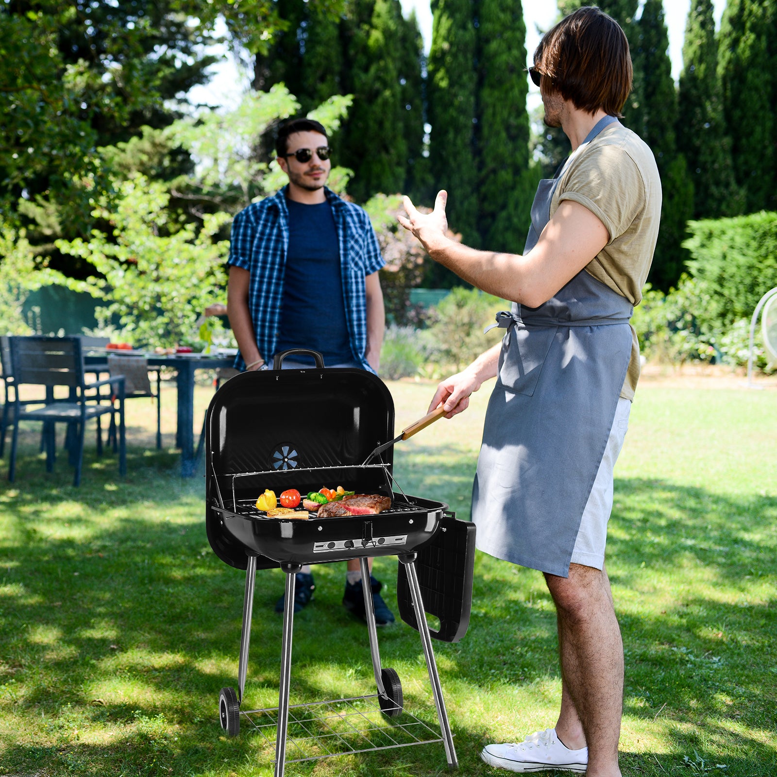 HAOYYE Portable Charcoal Grill with Wheels 28 Inch BBQ Smoker for Outdoor Cooking Adjustable Vents and Foldable Side Shelf Large Charcoal Barbecue Grill for Backyard Patio Camping Tailgate Picnic Party Durable Steel Grill with Lid Thermometer