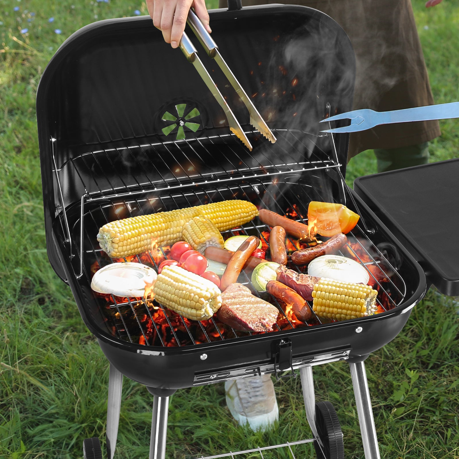 HAOYYE Portable Charcoal Grill with Wheels 28 Inch BBQ Smoker for Outdoor Cooking Adjustable Vents and Foldable Side Shelf Large Charcoal Barbecue Grill for Backyard Patio Camping Tailgate Picnic Party Durable Steel Grill with Lid Thermometer