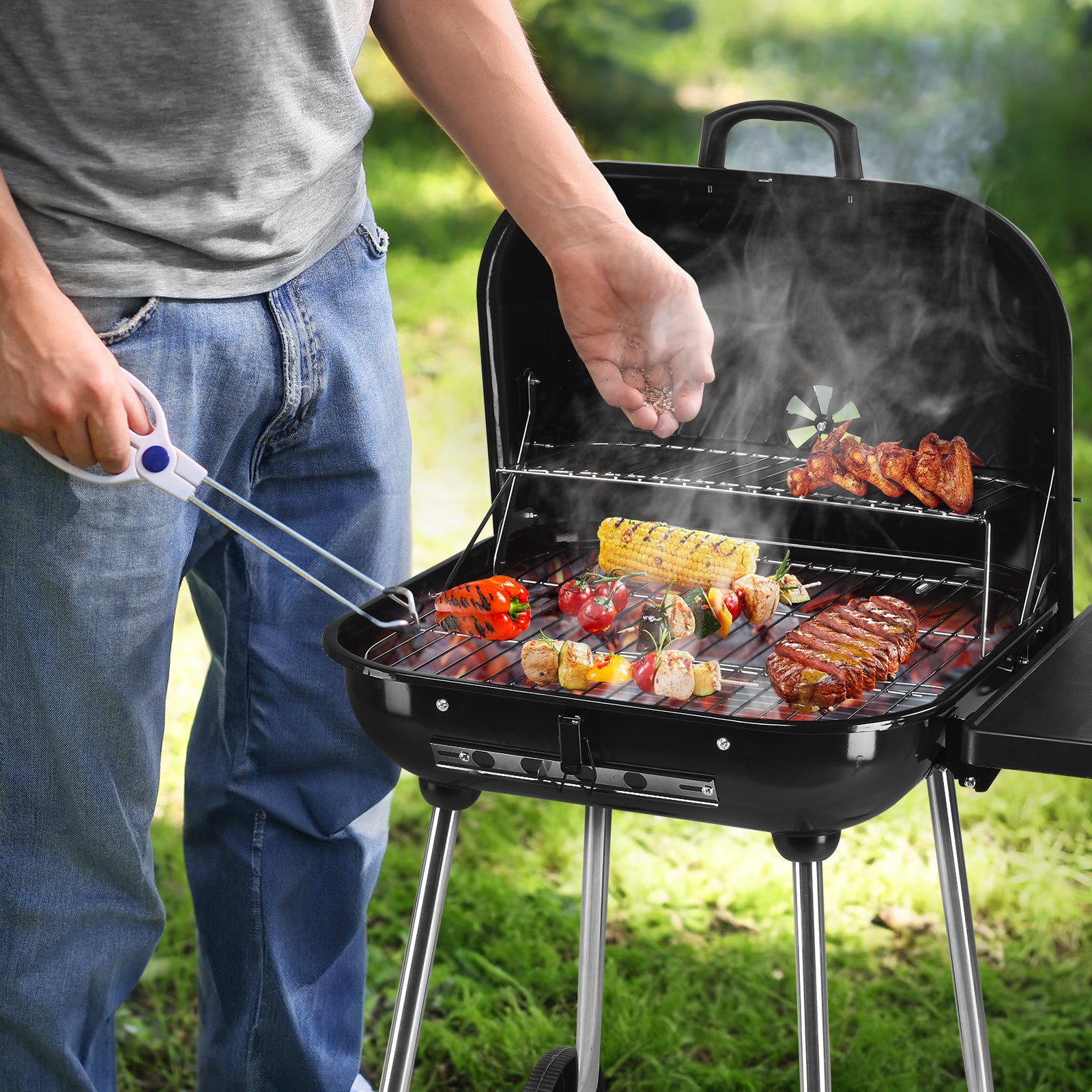 HAOYYE Portable Charcoal Grill with Wheels 28 Inch BBQ Smoker for Outdoor Cooking Adjustable Vents and Foldable Side Shelf Large Charcoal Barbecue Grill for Backyard Patio Camping Tailgate Picnic Party Durable Steel Grill with Lid Thermometer