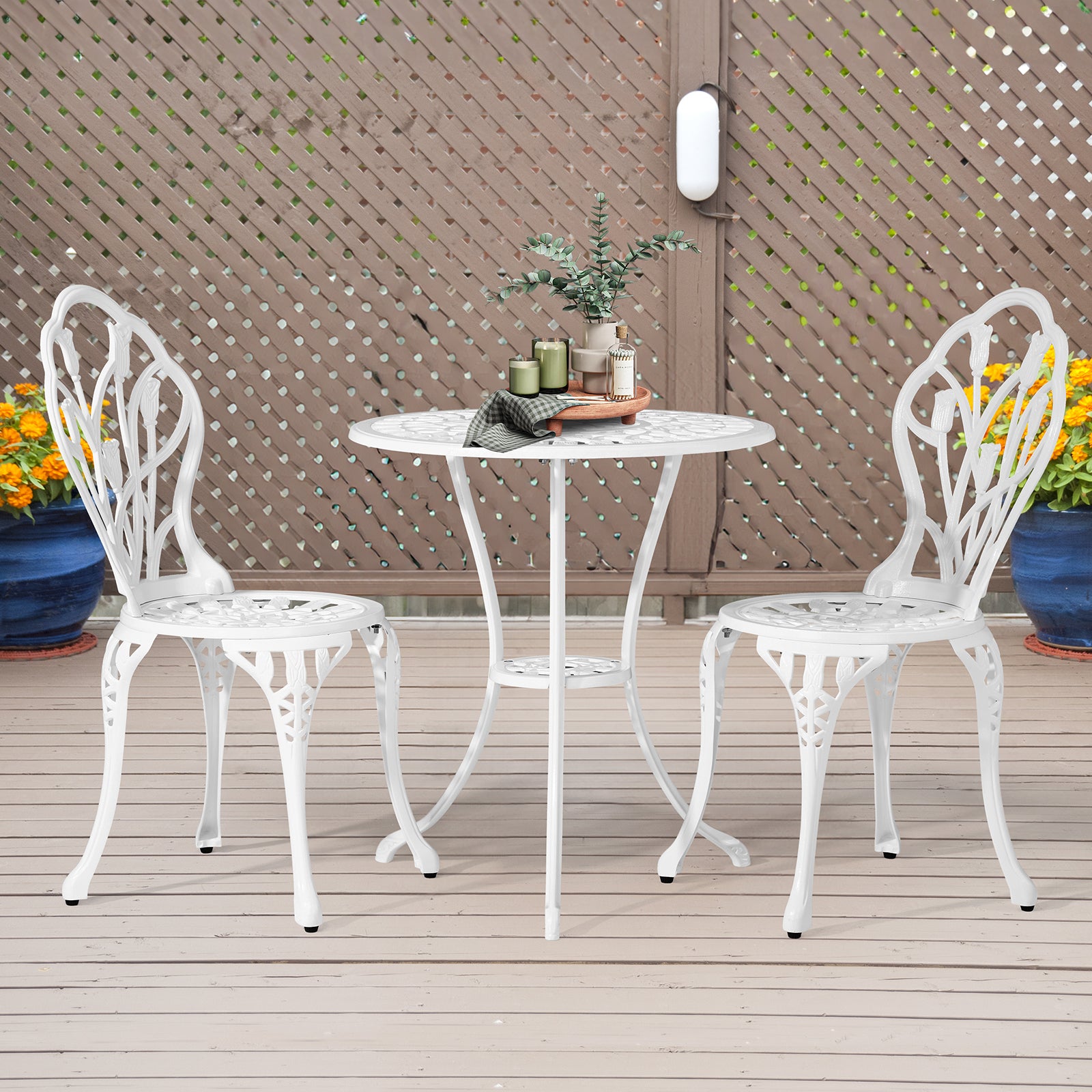 Haoyye 3-Piece Patio Bistro Set, Rust-Resistant Cast Aluminum Outdoor Table and Chairs with Tulip Design and Umbrella Hole, Durable Garden Furniture for Backyard, Balcony, Poolside, and Terrace