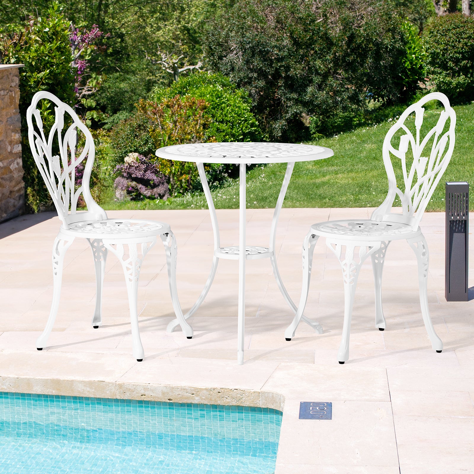Haoyye 3-Piece Patio Bistro Set, Rust-Resistant Cast Aluminum Outdoor Table and Chairs with Tulip Design and Umbrella Hole, Durable Garden Furniture for Backyard, Balcony, Poolside, and Terrace