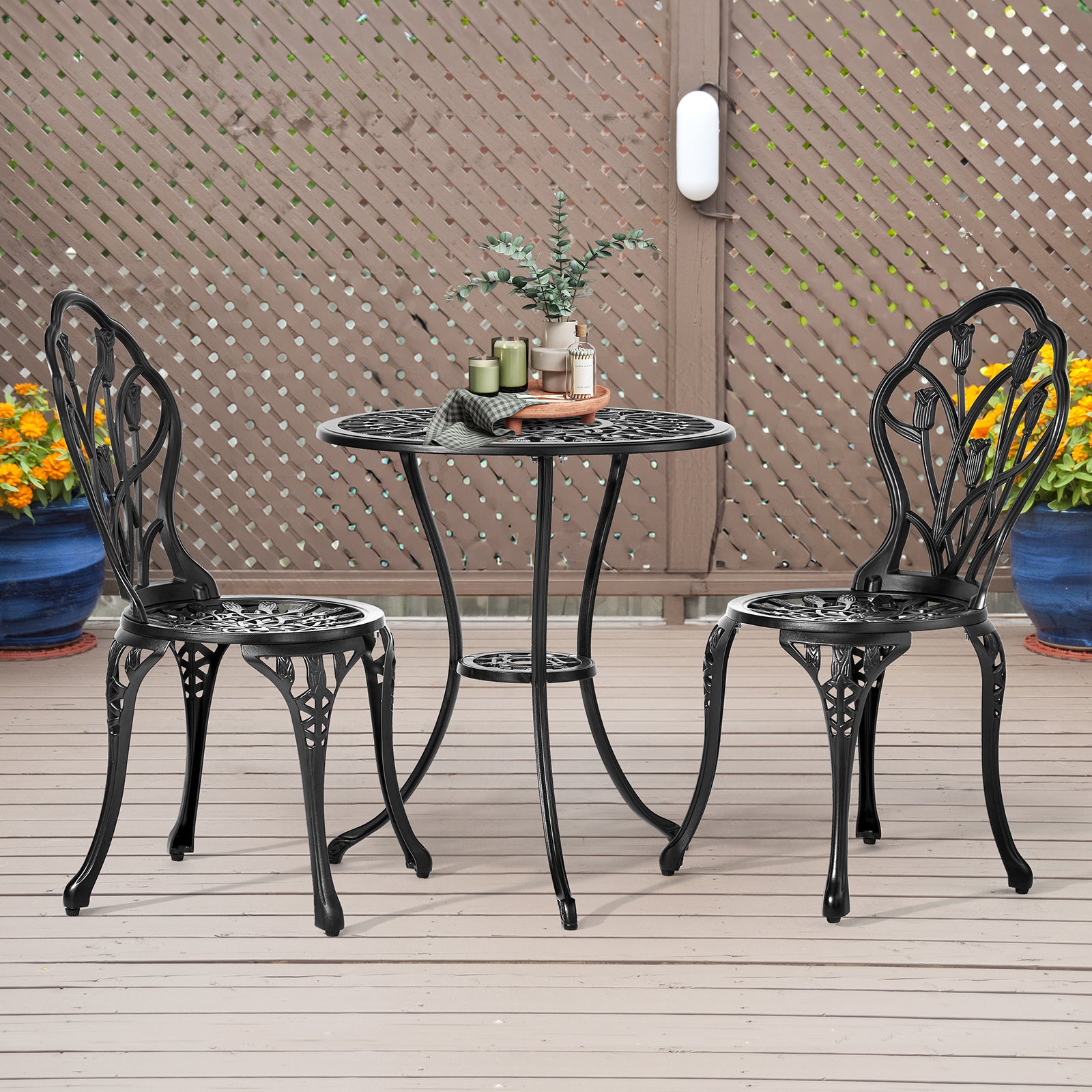 Haoyye 3-Piece Patio Bistro Set, Cast Aluminum Outdoor Bistro Table and Chairs, Tulip Design with Umbrella Hole, Rust-Resistant Furniture for Backyard, Garden, Balcony, Porch, Deck