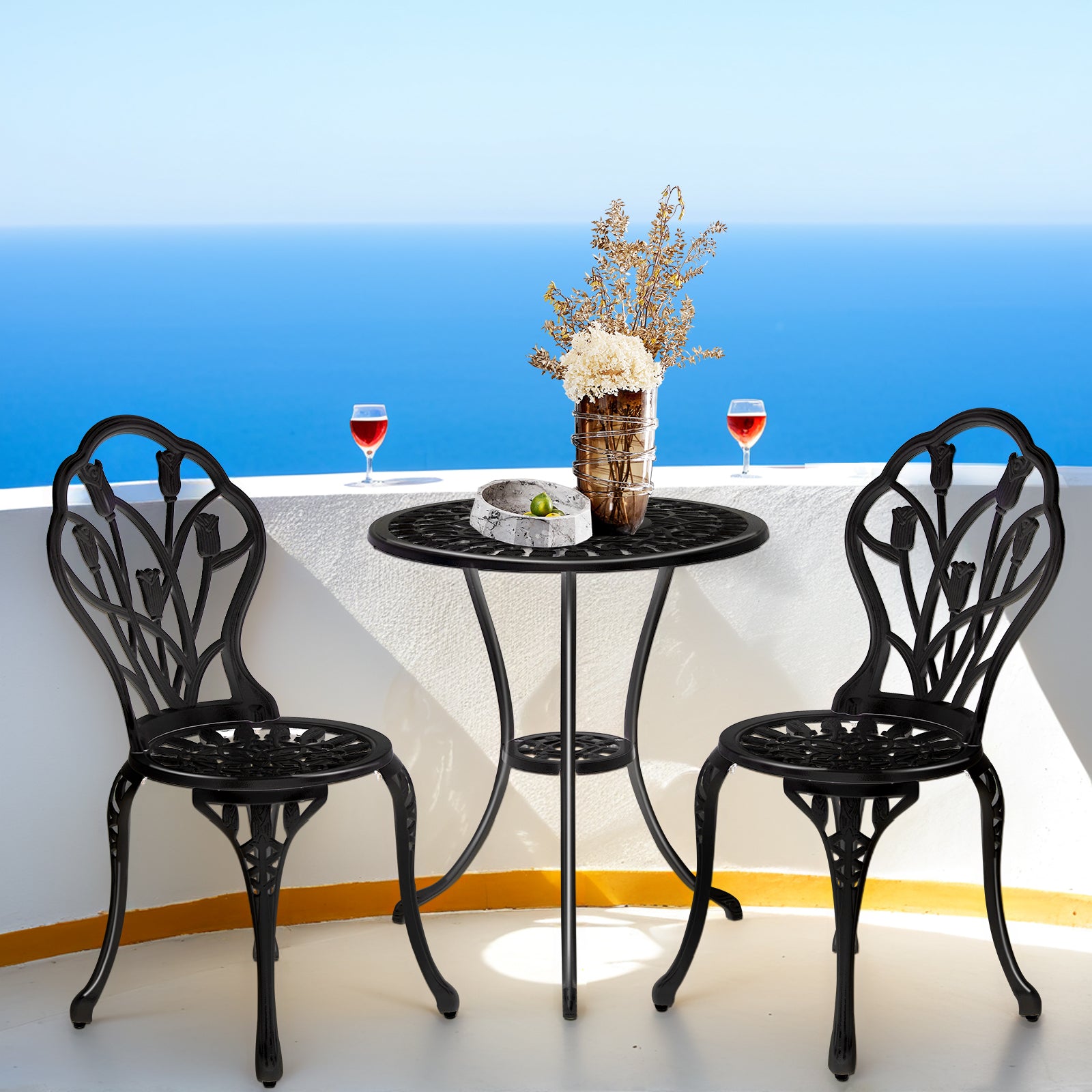Haoyye 3-Piece Patio Bistro Set, Cast Aluminum Outdoor Bistro Table and Chairs, Tulip Design with Umbrella Hole, Rust-Resistant Furniture for Backyard, Garden, Balcony, Porch, Deck