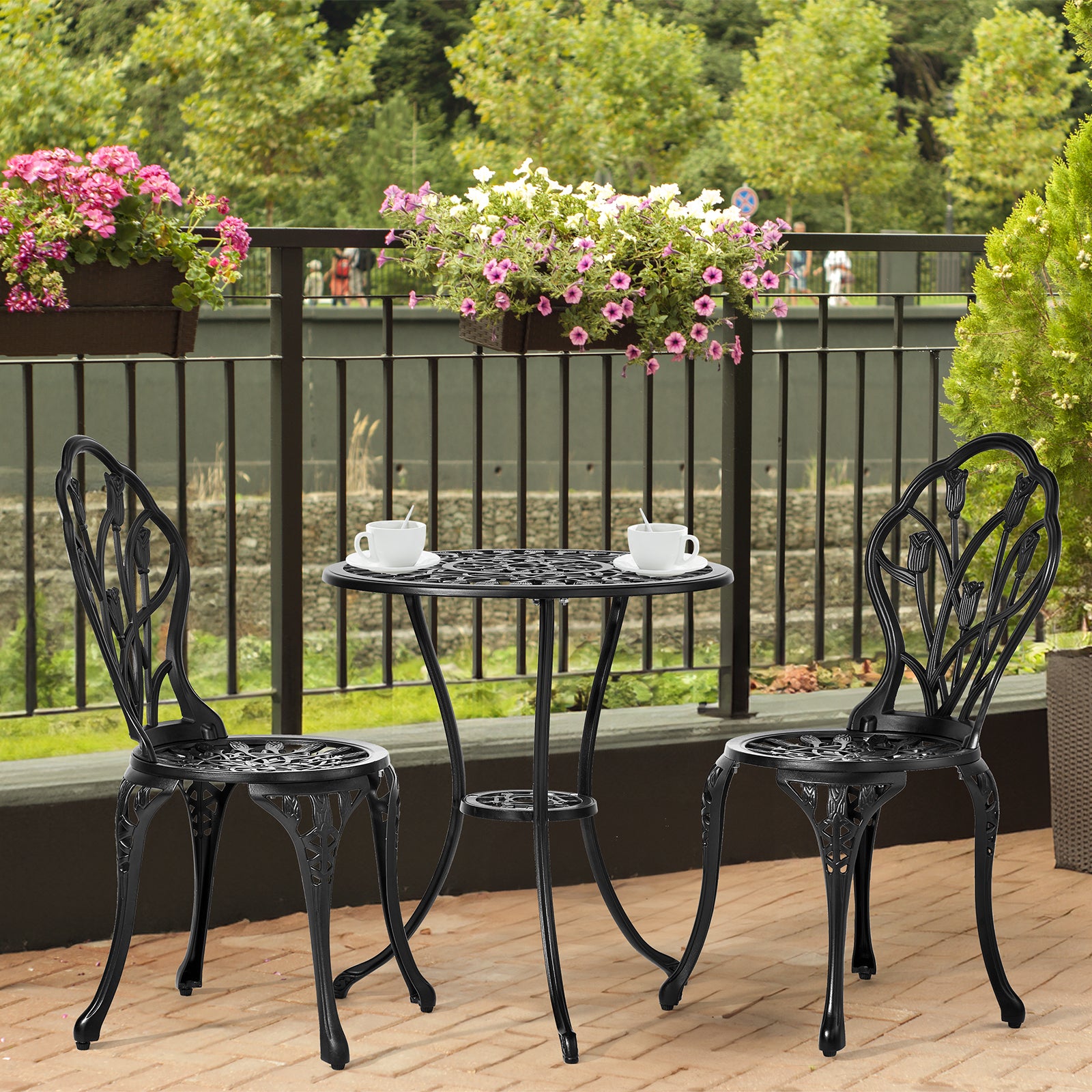 Haoyye 3-Piece Patio Bistro Set, Cast Aluminum Outdoor Bistro Table and Chairs, Tulip Design with Umbrella Hole, Rust-Resistant Furniture for Backyard, Garden, Balcony, Porch, Deck