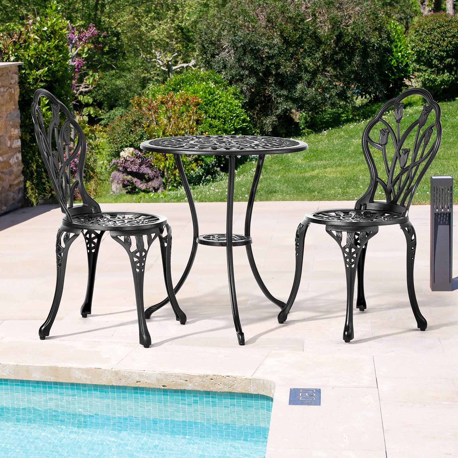 Haoyye 3-Piece Patio Bistro Set, Cast Aluminum Outdoor Bistro Table and Chairs, Tulip Design with Umbrella Hole, Rust-Resistant Furniture for Backyard, Garden, Balcony, Porch, Deck