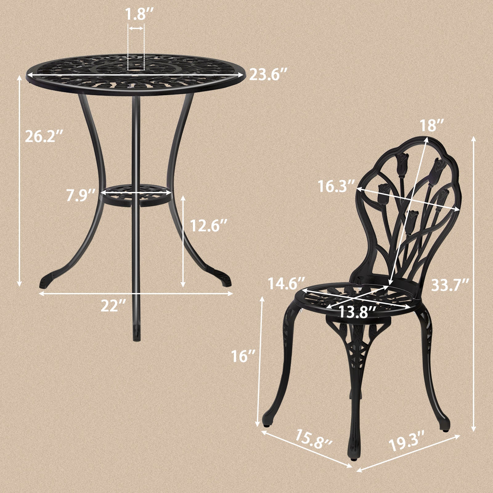 Haoyye 3-Piece Patio Bistro Set, Cast Aluminum Outdoor Bistro Table and Chairs, Tulip Design with Umbrella Hole, Rust-Resistant Furniture for Backyard, Garden, Balcony, Porch, Deck