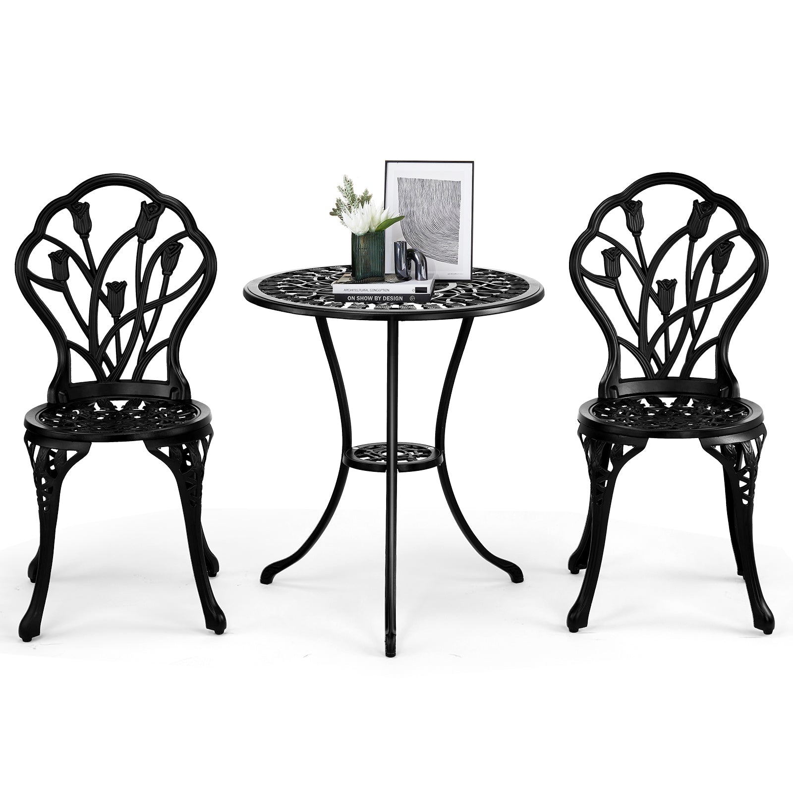 Haoyye 3-Piece Patio Bistro Set, Cast Aluminum Outdoor Bistro Table and Chairs, Tulip Design with Umbrella Hole, Rust-Resistant Furniture for Backyard, Garden, Balcony, Porch, Deck