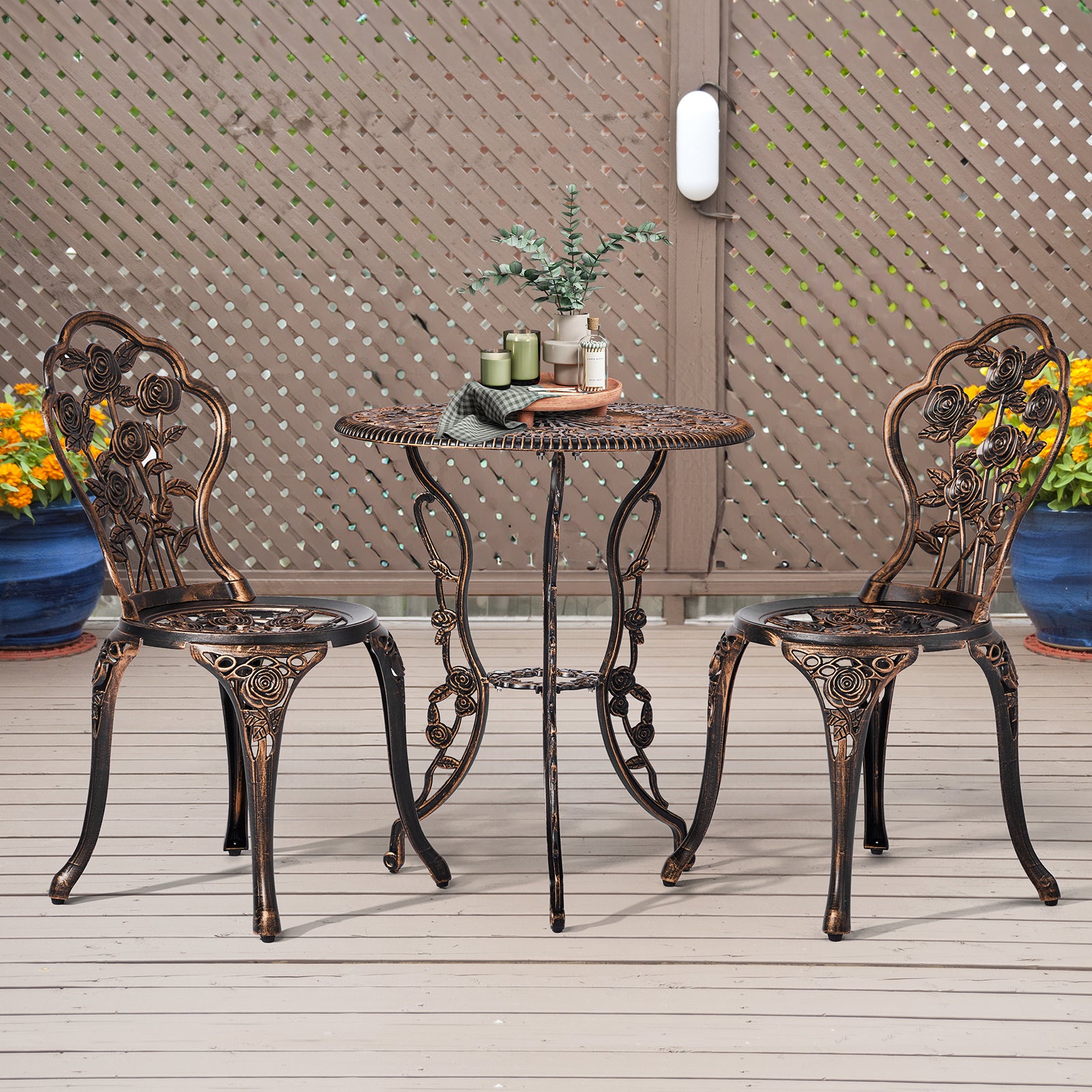 Haoyye 3-Piece Outdoor Bistro Set, All-Weather Cast Aluminum Patio Table And Chairs, Rust-Resistant Garden Furniture For Backyard, Porch, Or Balcony, Rose Design, Durable And Lightweight Outdoor Dining Set