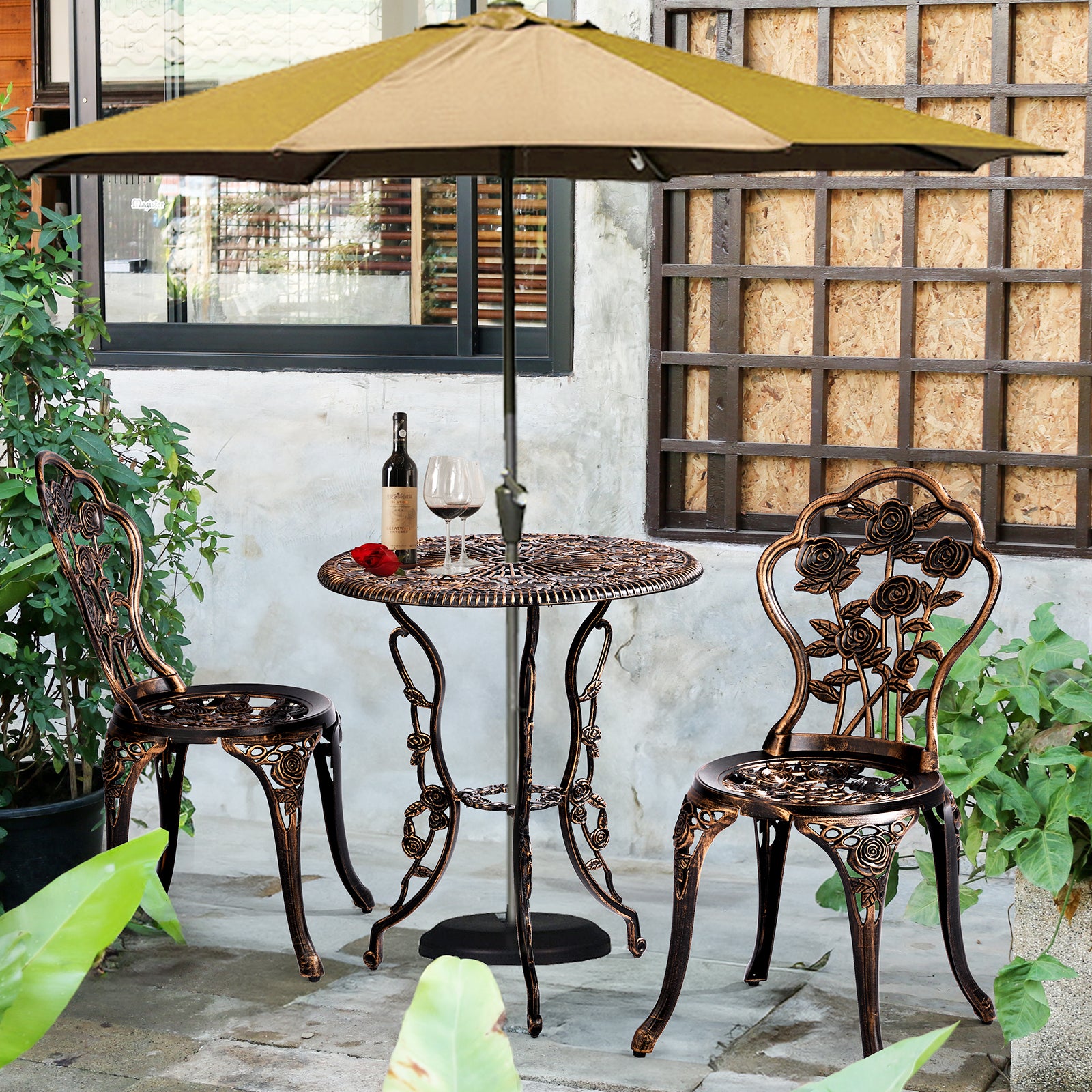 Haoyye 3-Piece Outdoor Bistro Set, All-Weather Cast Aluminum Patio Table And Chairs, Rust-Resistant Garden Furniture For Backyard, Porch, Or Balcony, Rose Design, Durable And Lightweight Outdoor Dining Set
