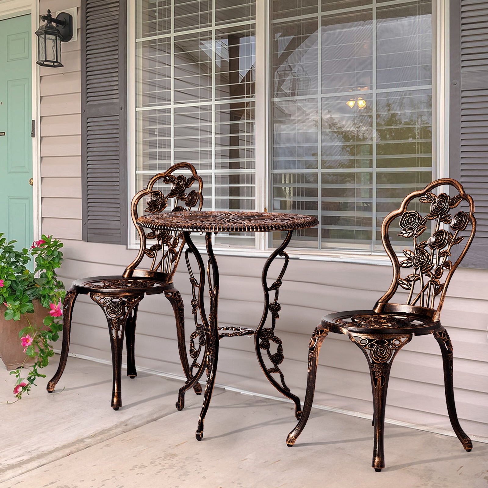 Haoyye 3-Piece Outdoor Bistro Set, All-Weather Cast Aluminum Patio Table And Chairs, Rust-Resistant Garden Furniture For Backyard, Porch, Or Balcony, Rose Design, Durable And Lightweight Outdoor Dining Set